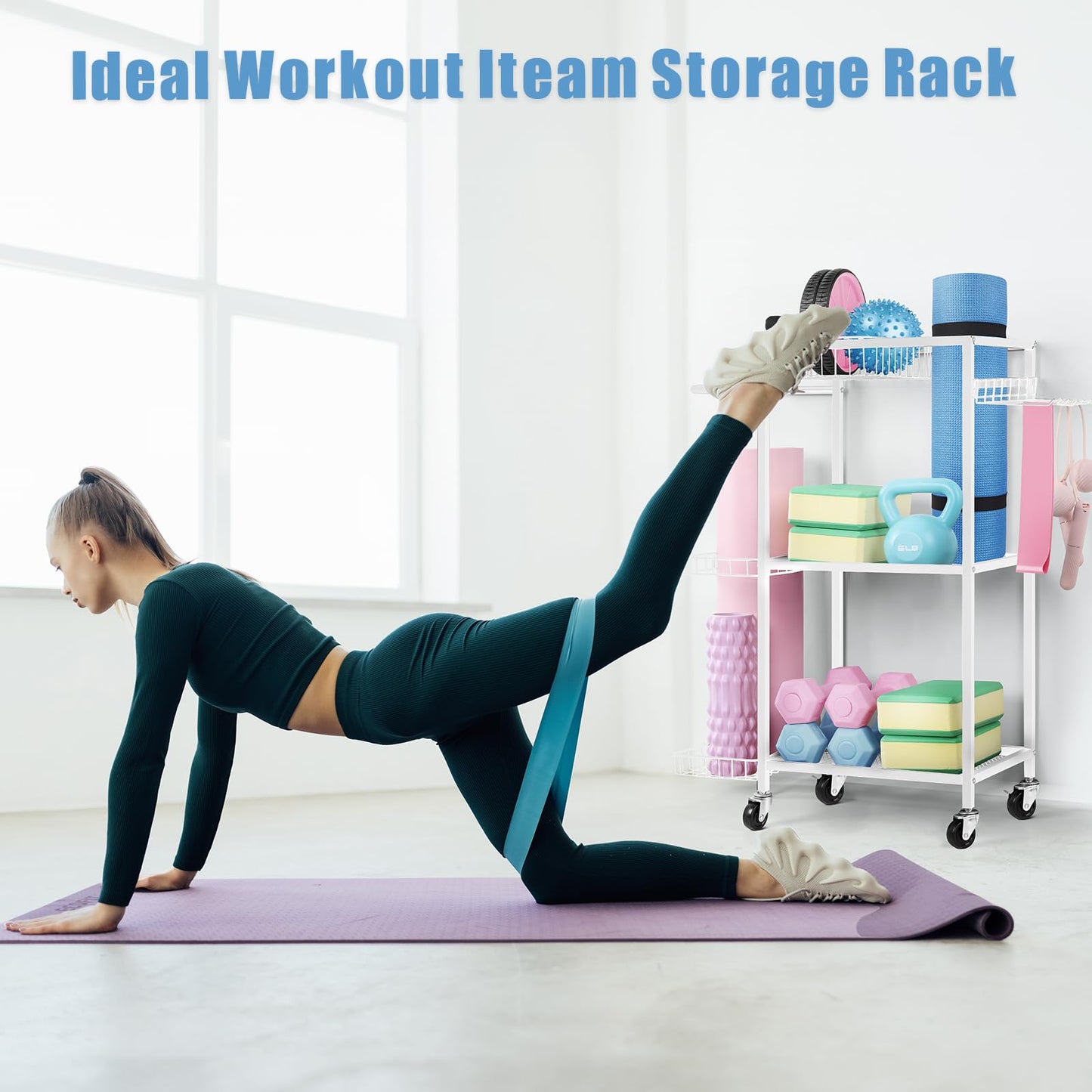LIANTRAL Yoga Mat Storage Rack - Metal Gym Organizer for Yoga Mats, Foam Rollers & Fitness Equipment, Space Saving Workout Equipment Storage Rack for Home Exercise and Fitness Gear, White