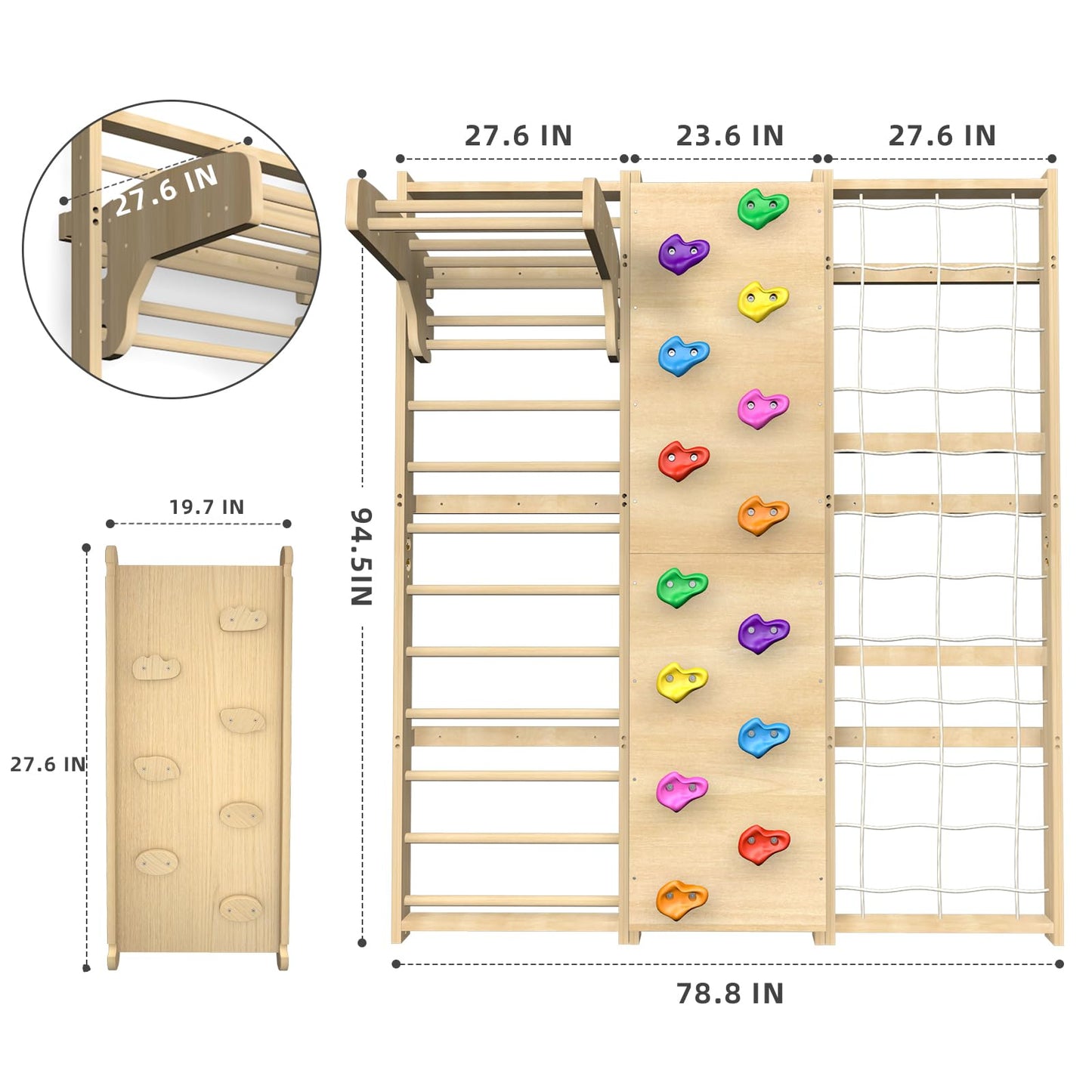 Upgraded Extra-Large Size 94.5inch Height 10-in-1 Swedish Ladder Gym Set, Home Playground with Swing, Rope Ladder, Pull-Up Bar, Slide and Rock Climbing Wall for Kids and Adults
