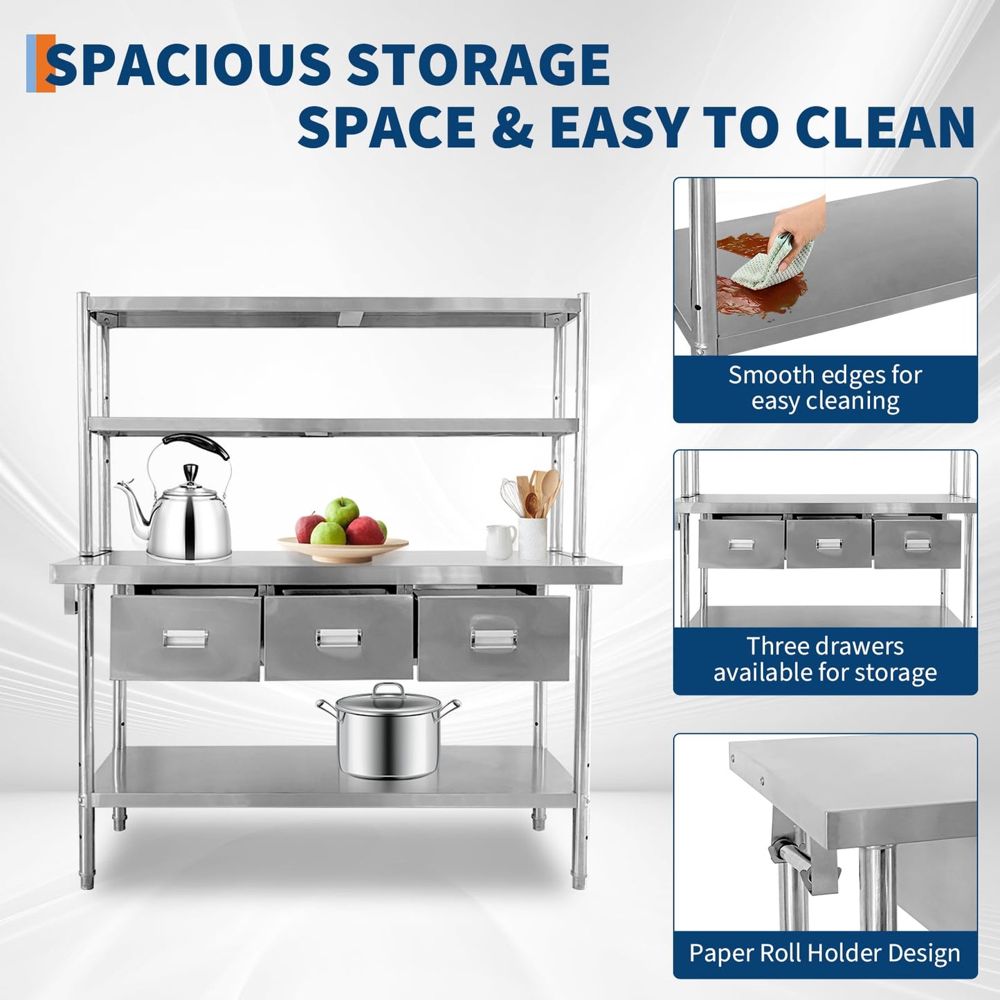 Stainless Steel Table with Overshelves & Drawers, 60" X 24" Commercial Work Tables with 60" X 30" Shelf & 3 Drawers, Metal Kitchen Prep Table with Paper Towel Holder for Home Restaurant Garage