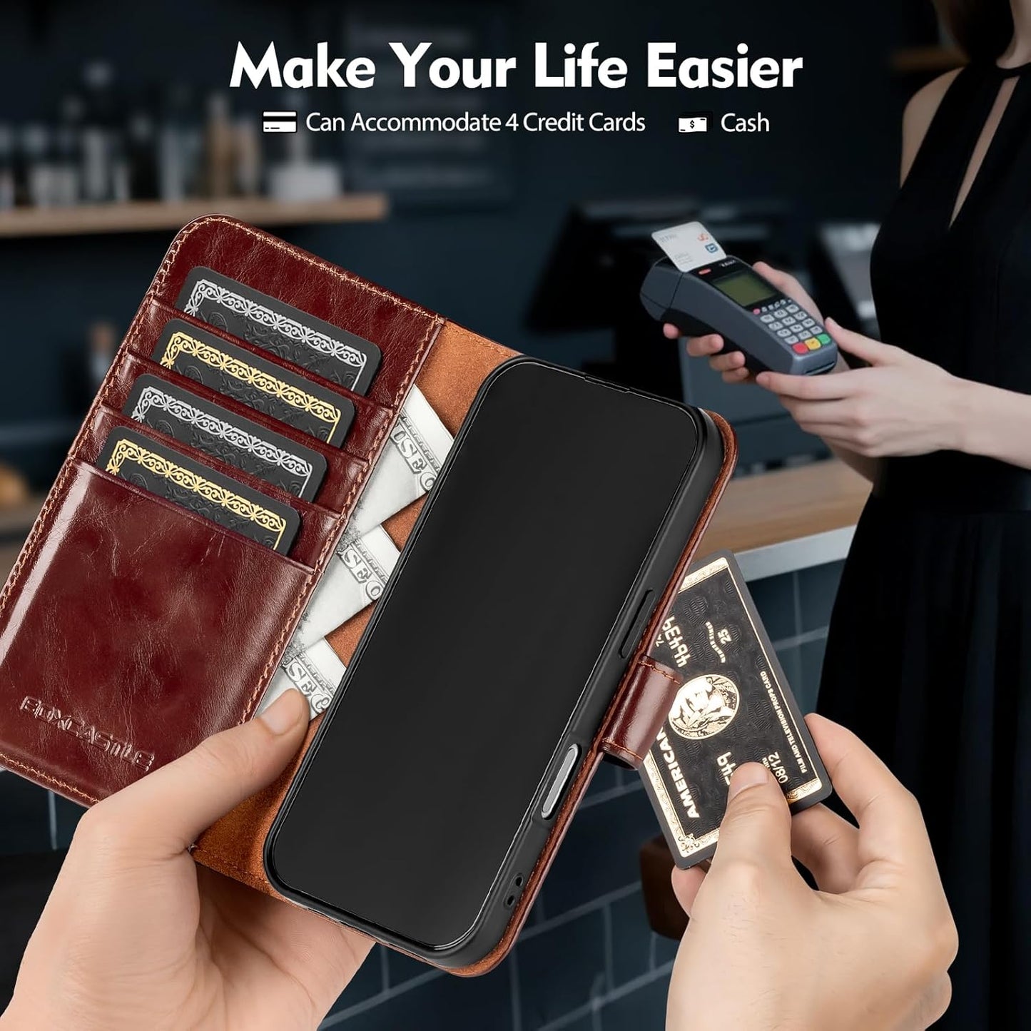 BoxCastle 17 17 6.3",Brown Compatible with iPhone Genuine Leather Case Wallet with Card Holder,Women Men Real Leather