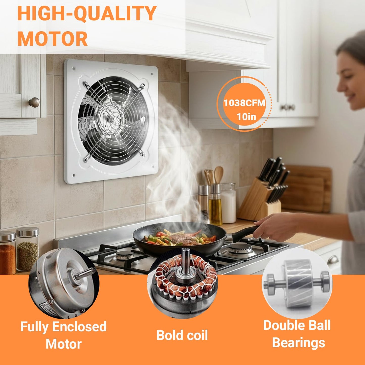 10" Kitchen Exhaust Fan with Variable Speed Controller, 1038CFM Wall Mount Ventilation Fans, Metal Attic Exhaust Fan, Small Fume Extractor Ventilation Fan for Kitchen Bathroom Shop Smoking Room Garage