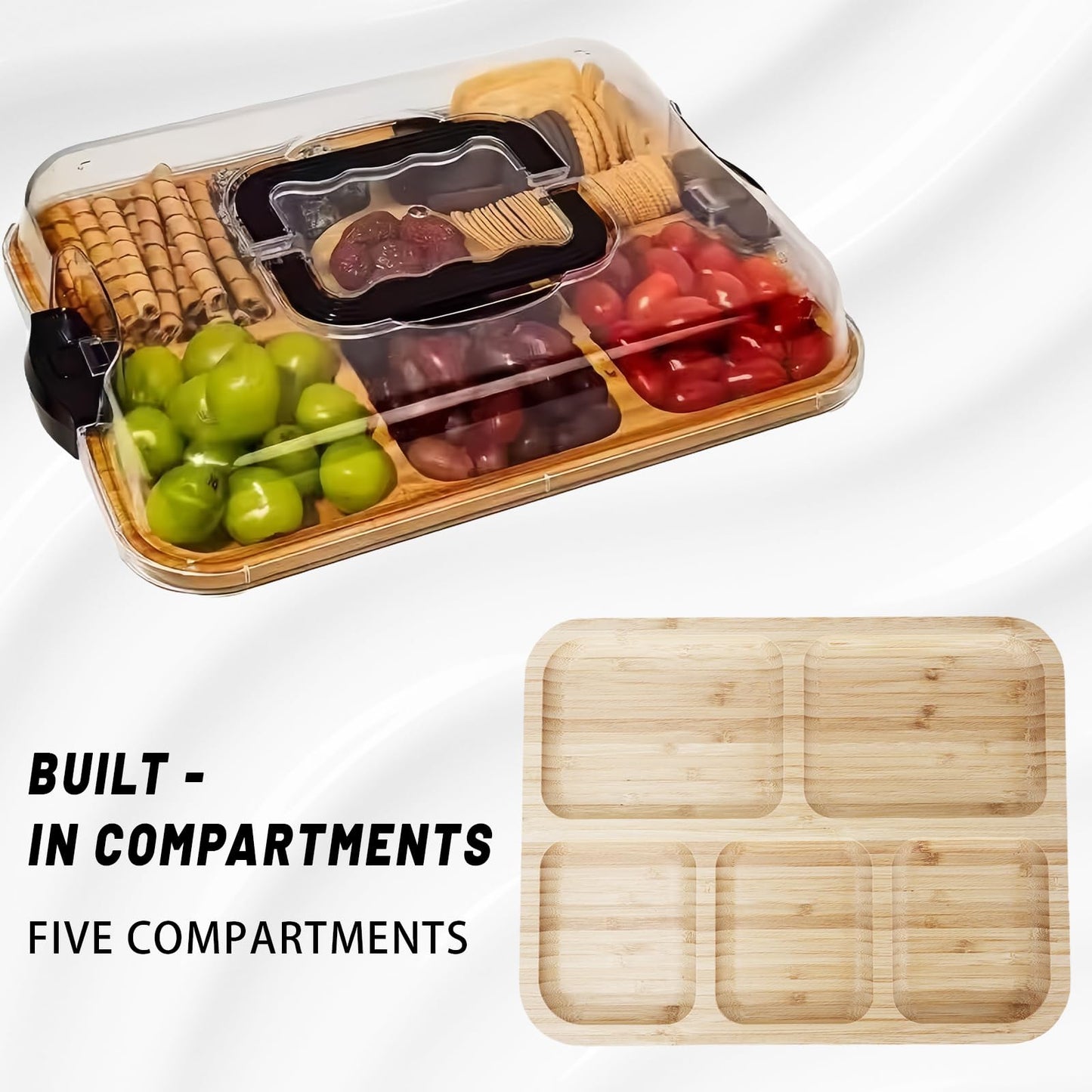 15×11" Charcuterie Boards with Lid, Bamboo Cheese Board Cutting Boards with Locking Clear Cover, Portable Serving Tray - 5 Compartments for Kitchen, Picnic, Party, Housewarming, Wedding Gift