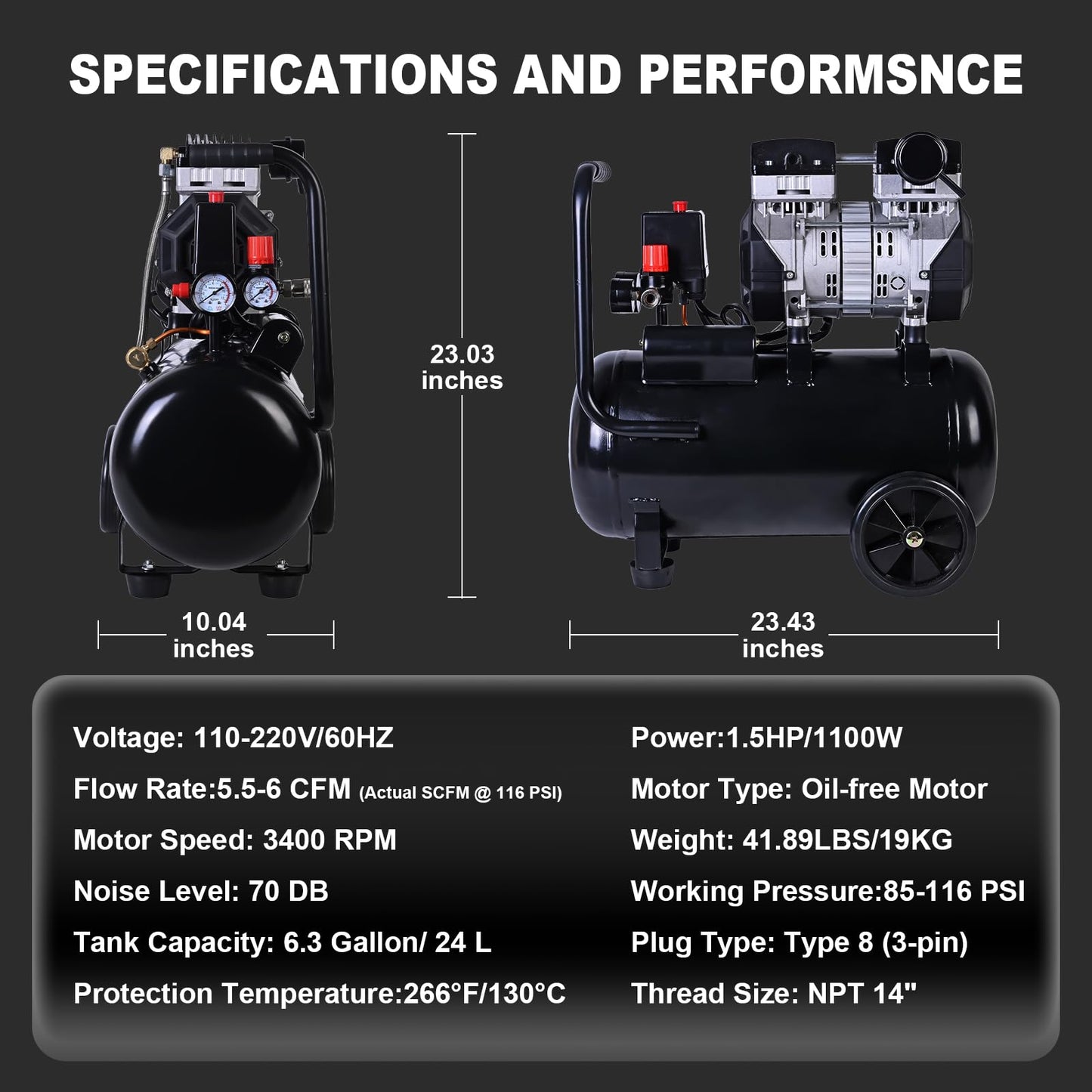 AAIN 6.3 Gallon Air Compressor | 1.5 HP 5.5-6 CFM Displacement Oil-Free Electric Compressor Tank with Max. 116PSI Pressure | 70dB Ultra Quiet for Tire Inflation, Air Blowing, Woodwork Nailing