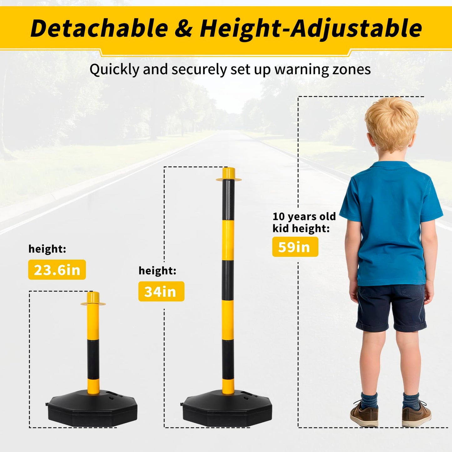 SHAREWIN Parking Delineator Stanchion with Base - 10 Pack 35" Post Traffic Cone, Reflective Collar Black, Yellow - Chain Barriers for Construction, Crowd Control, Events, Road Warning