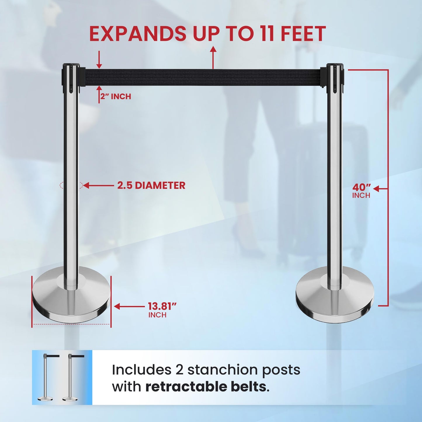 Crowd Control Warehouse Set of 2 Stanchion Retractable Belt Barriers, 11 Foot Black Belt Barrier with 40” Polished Stainless Steel Posts, Barriers with Heavy Duty Concrete Base, CCW Series RBB-100