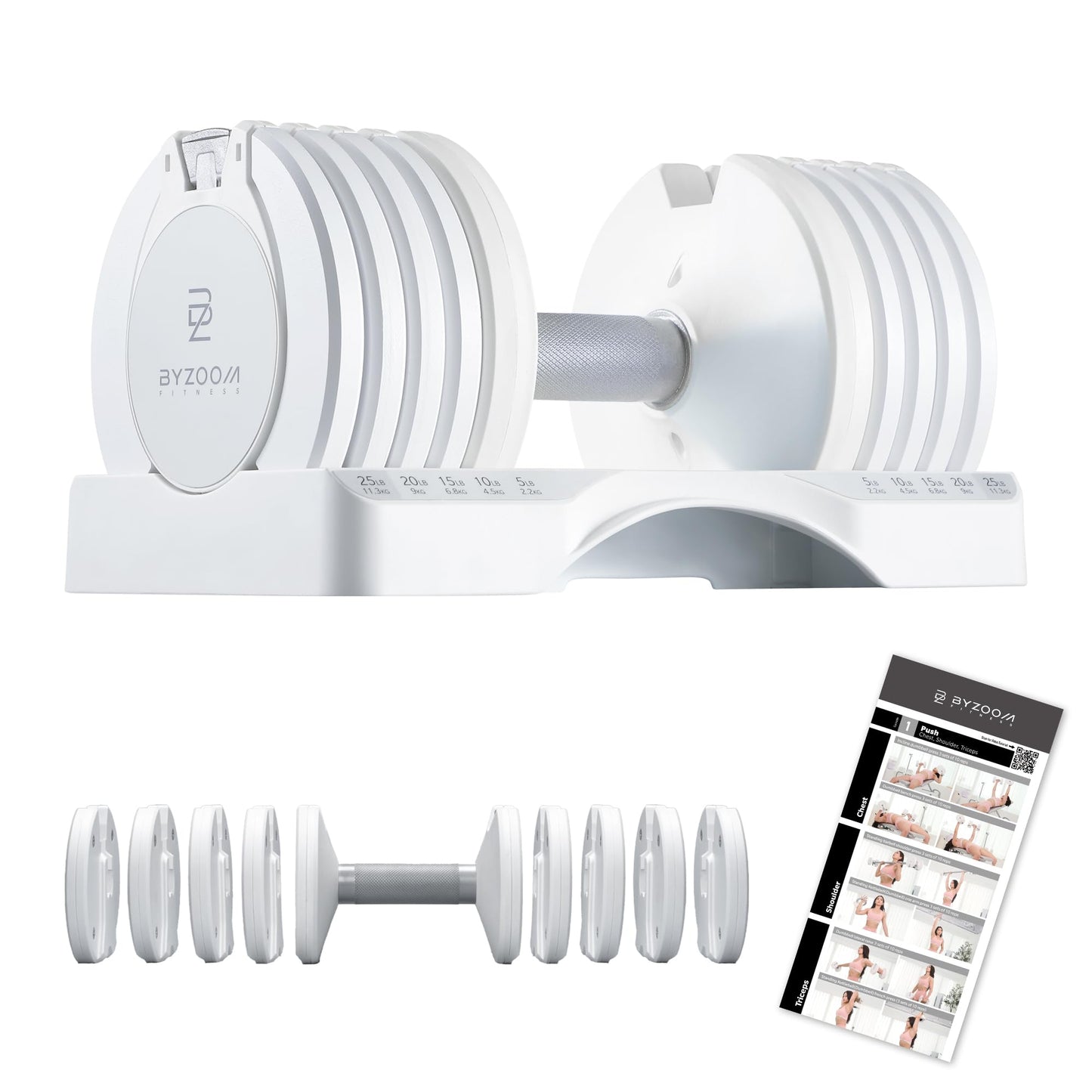 BYZOOM FITNESS Adjustable Dumbbell Set 25lb Single Unit – 5-in-1 Compact Free Weights for Home Gym, Patented Easy-Adjust Design, Sleek Aesthetic for Strength Training & Workouts, White