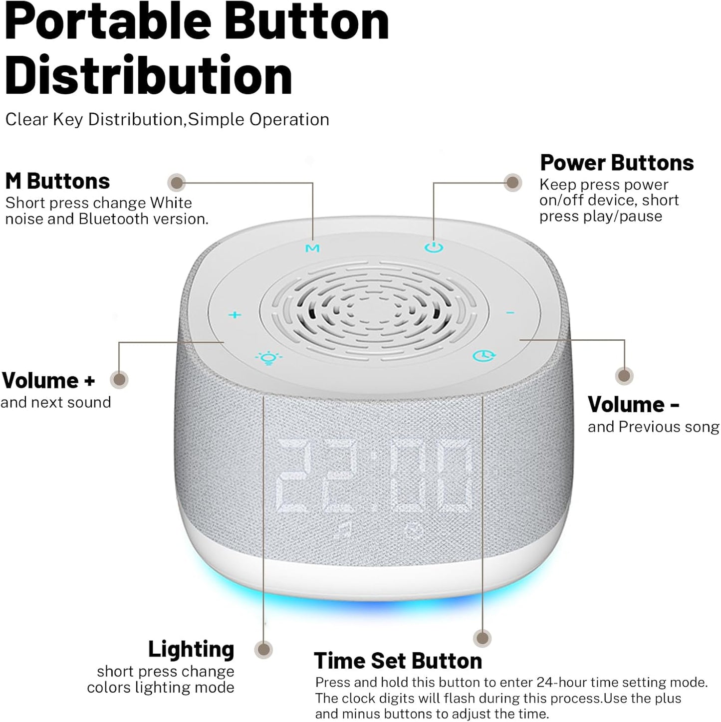 5.4, 14 1000mAh Sound Machine & Clock with Bluetooth Soothing White Noise Sounds, Night Light, Sleep Timer, Portable