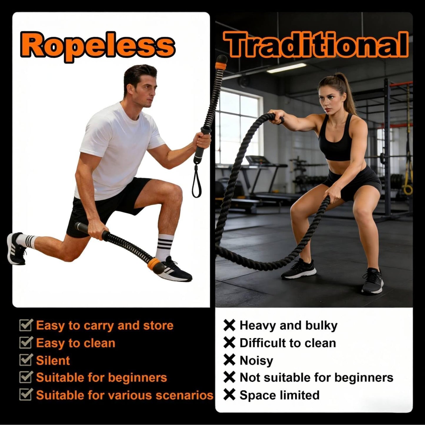Bneajix Adjustable Ropeless Battle Ropes for Home Gym for Men & Women, Portable Cordless Battle Ropes, Quiet Exercise Rope with Variable Resistance, Strength & Low-Impact Cardio for HIIT