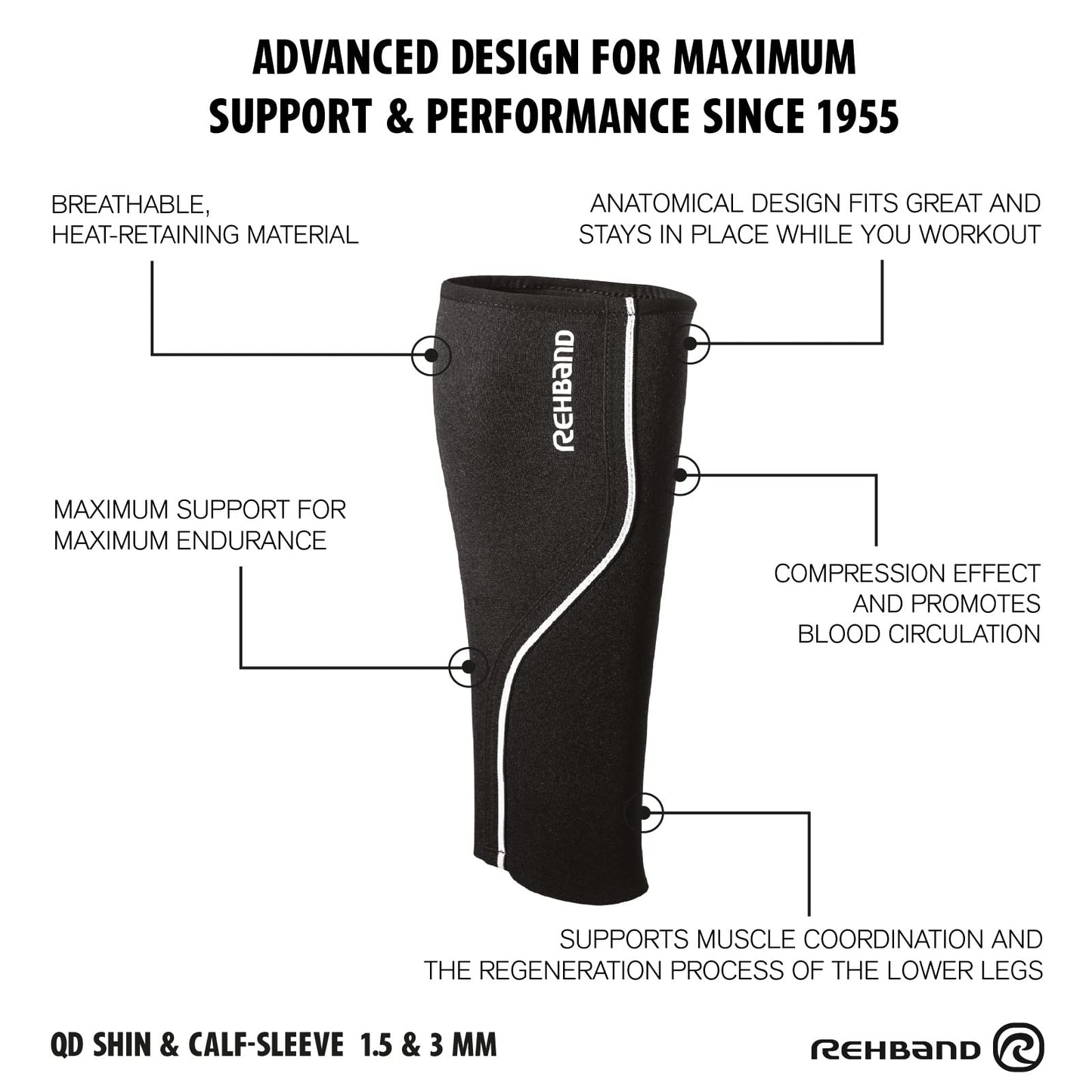 Rehband neoprene calf bandage, 1 piece, shin support, calf compression promotes blood circulation in endurance sports, compression sleeve for running, Colour:Black, Size:Medium