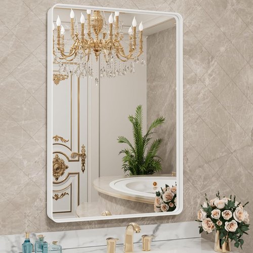 LOAAO White Metal Framed Bathroom Mirror - Large Rounded Rectangle, Anti-Rust, 24x36 Inch | Versatile Wall Mount