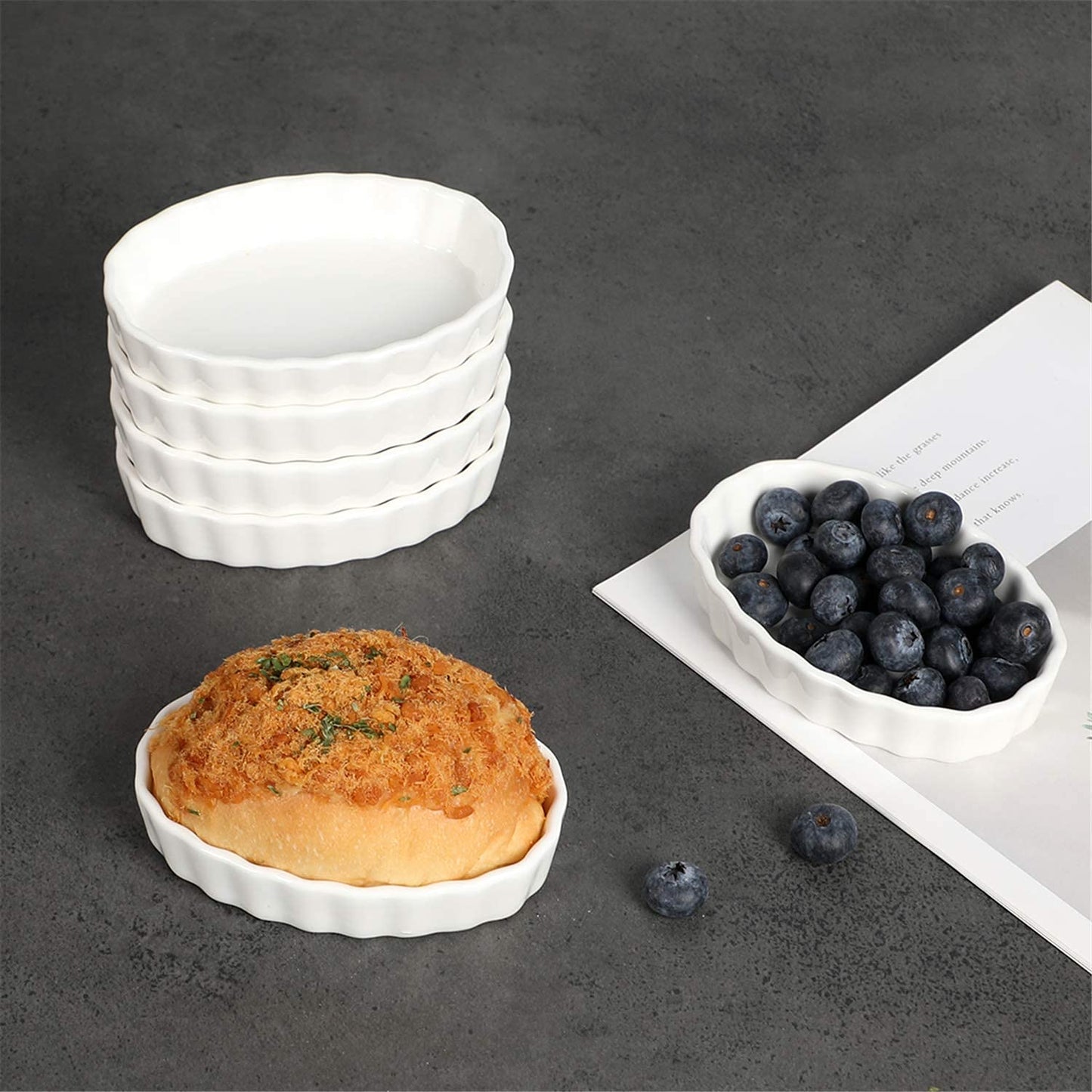 ONTUBE Small Ramekins -Porcelain Oval Shape Ramekins for Creme Brulee Dishes,Dipping Sauces,Baking Pudding Cups, Souffle Dish,Oven Safe,Set of 6, White