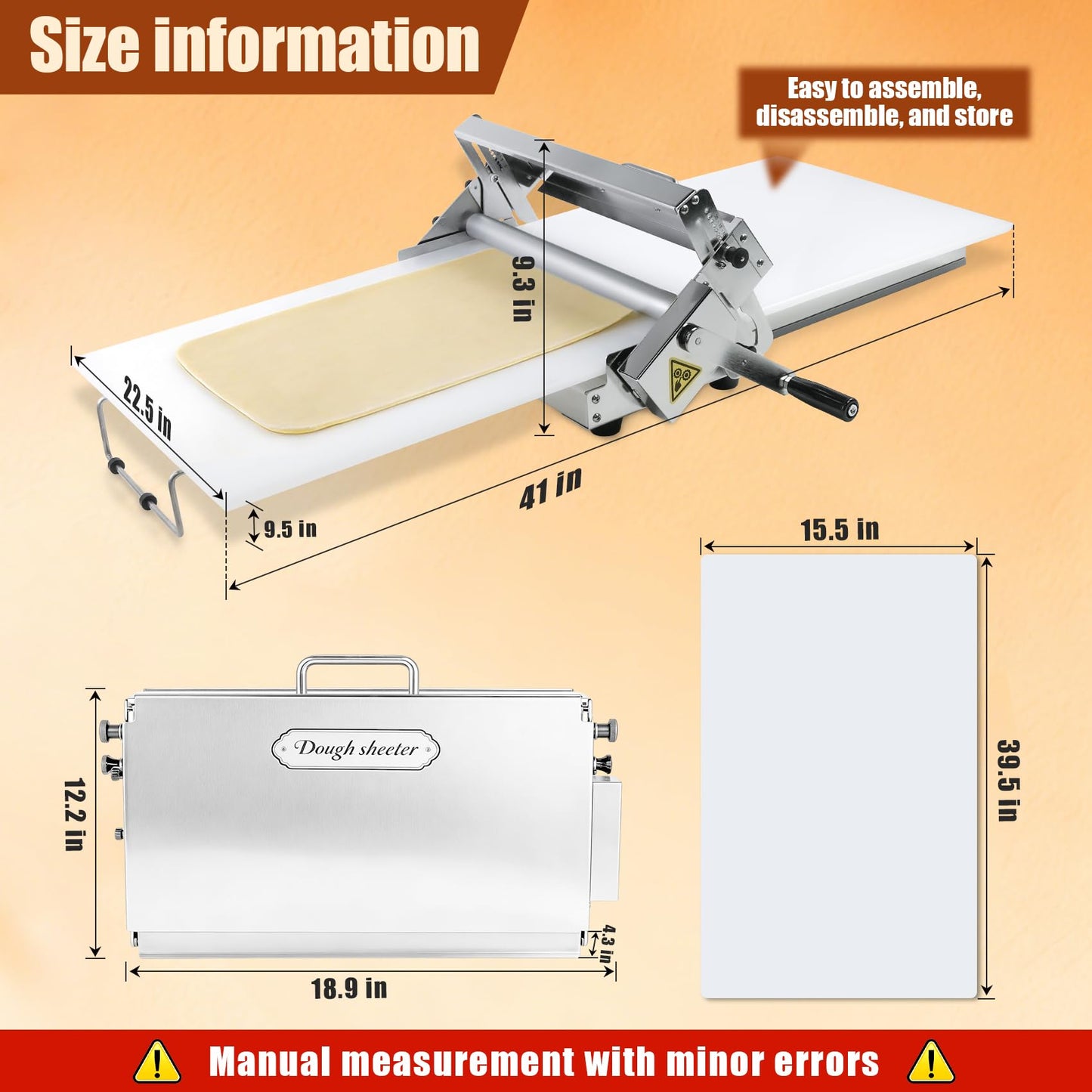 Folding Dough Sheeter (15.5")，Dough Sheeter，Manual Dough Sheeter，Commercial Dough Roller Sheeter，55 thickness options，Suitable for pizza, croissants, puff pastry, Stainless Steel（1 Rolling Boards）