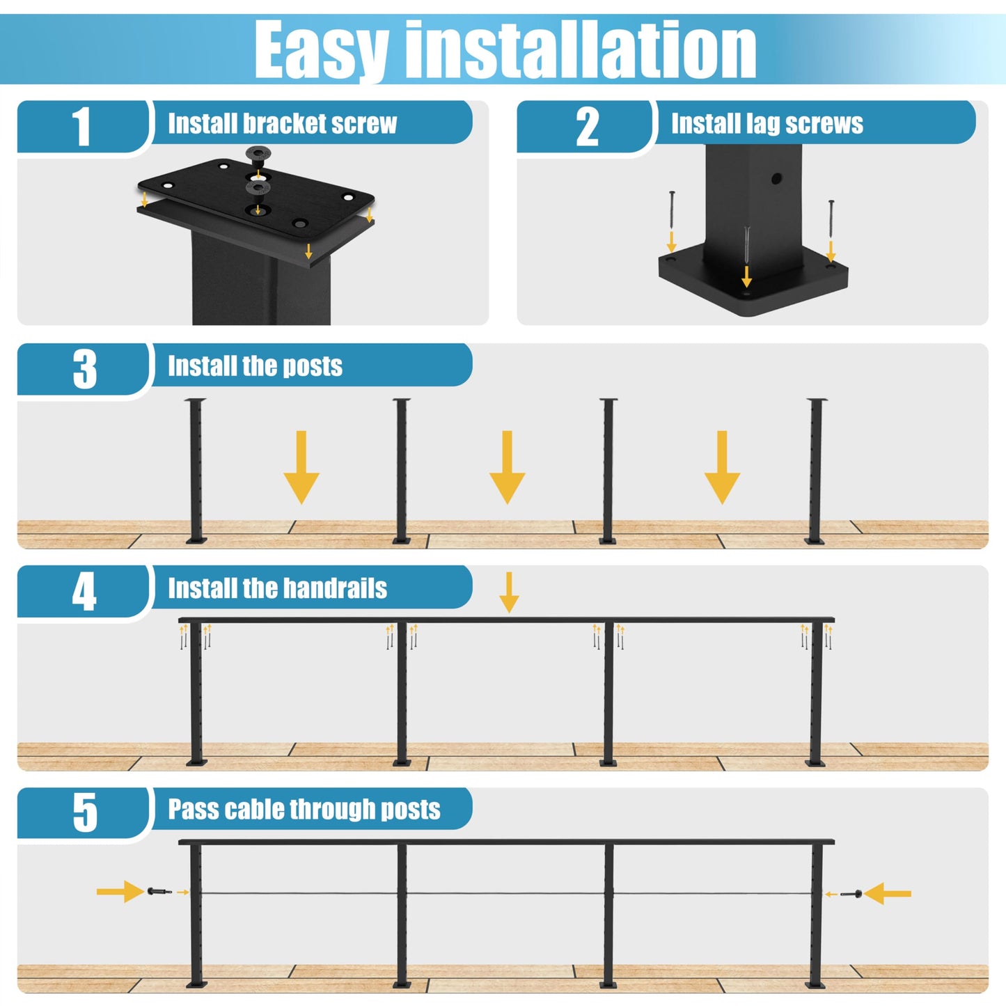 Patavin 15FT 42" Complete Black Cable Railing Post Kit 4 line Post Kit -Cable Railing System for Deck Easy DIY (No Handrail)