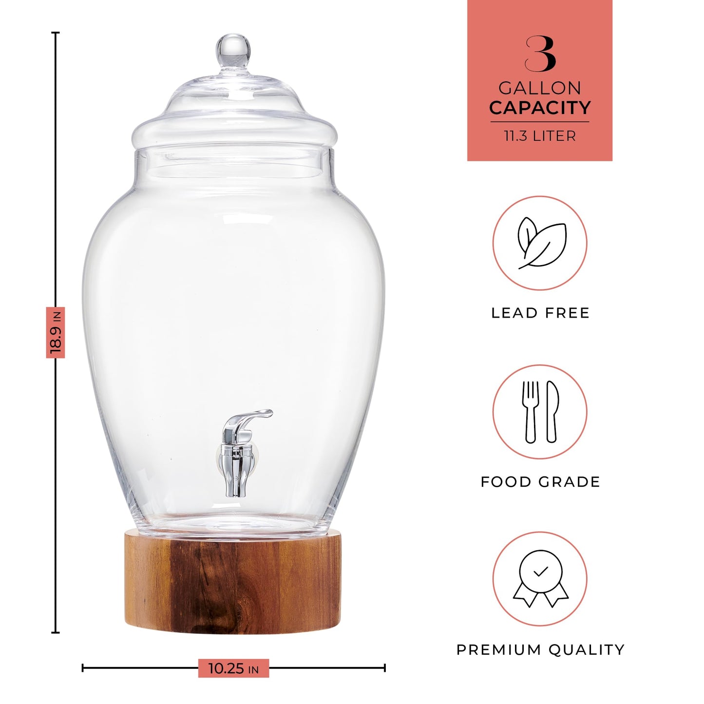 American Atelier Madera Beverage Dispenser Cold Drink Dispenser w/ 3-Gallon Capacity Glass Jug, Leak-Proof Acrylic Spigot in Gorgeous Gift Box Great for Parties, Weddings & More