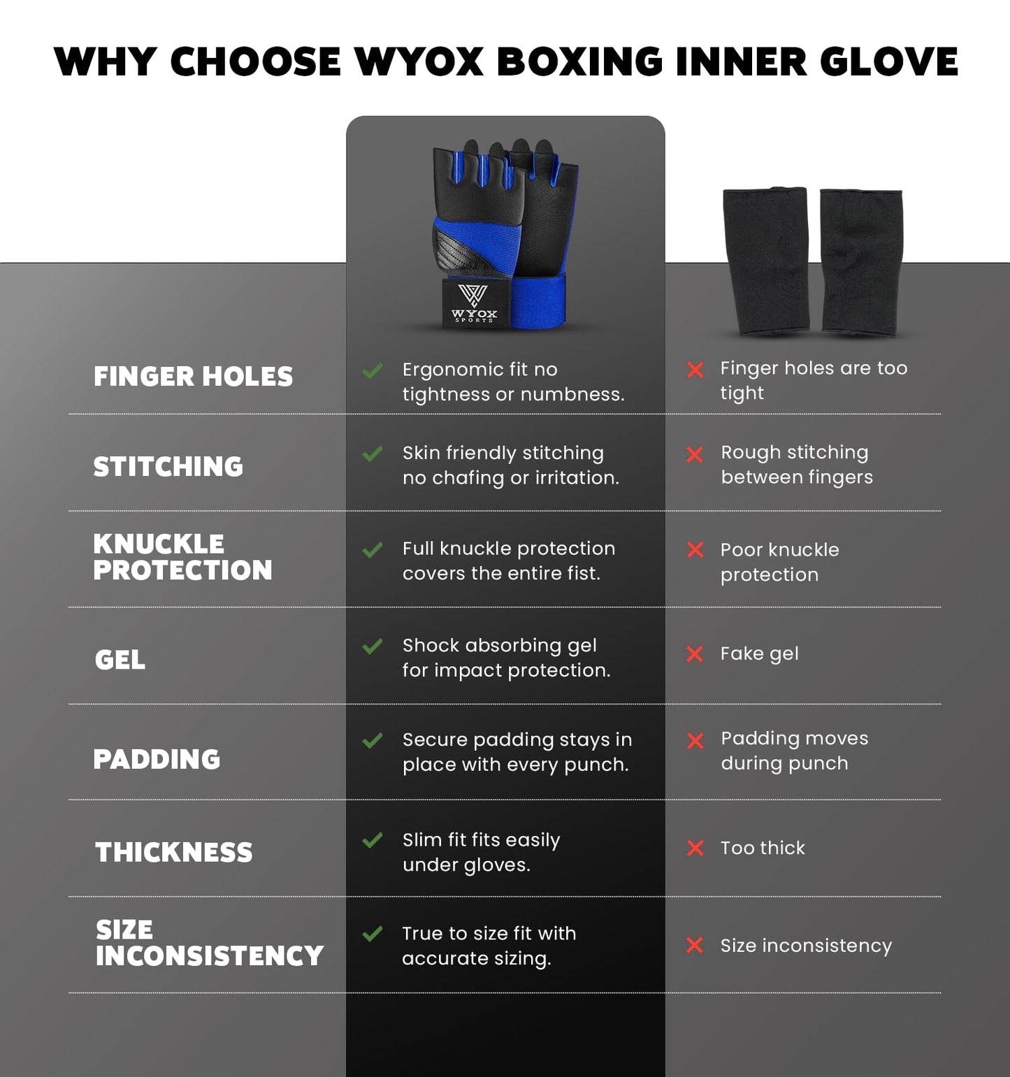 WYOX Gel Boxing Hand Wraps Inner Gloves for Men & Women, 80cm Quick Wrist Straps, Padded Knuckle Protection for Muay Thai Kickboxing, Hand Wraps for Boxing & Martial Arts (Blue, XS)