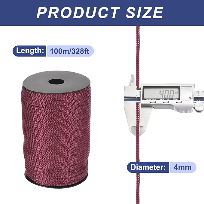 MECCANIXITY 5/32 Inch Polypropylene Rope Braided Ropes, 328ft Camping Rope Hollow Utility Cord for Clothesline, Hiking, Outdoor, Brick-red
