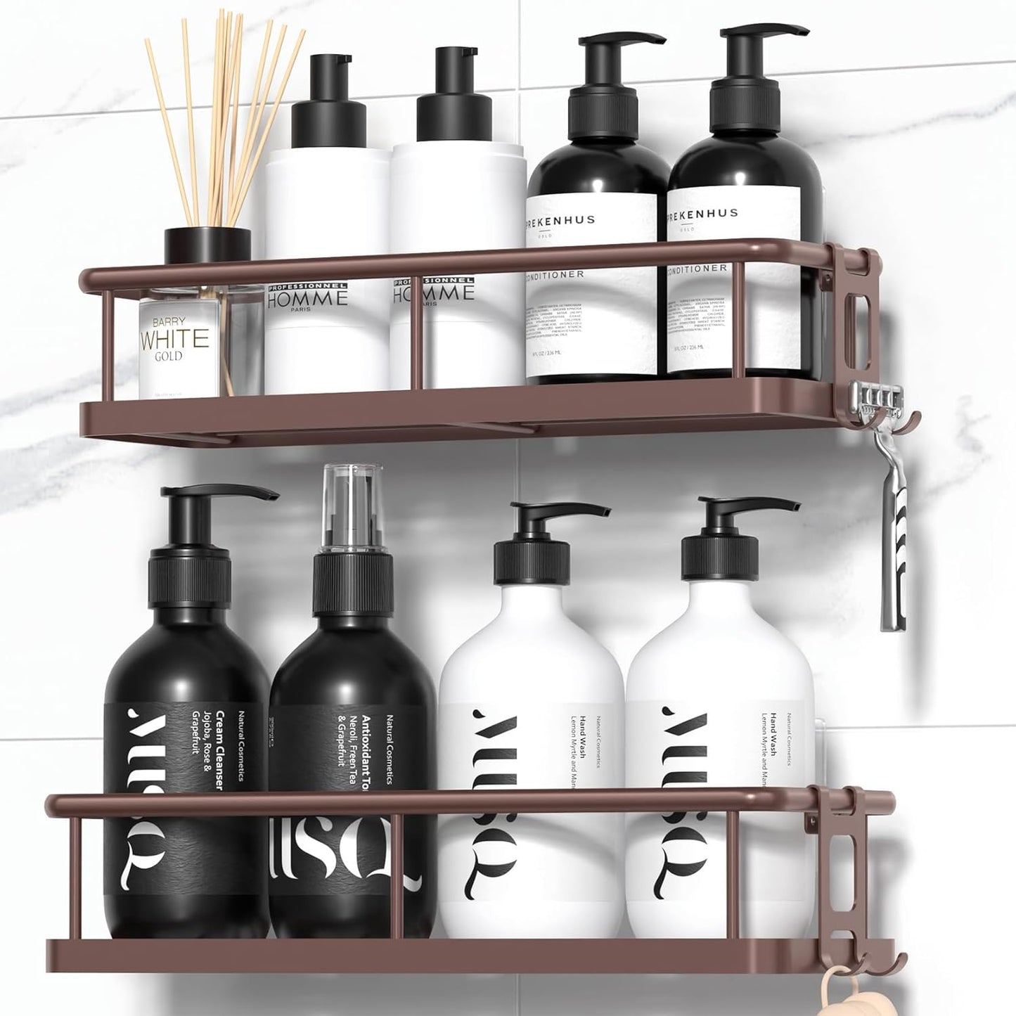 YASONIC Shower Caddy - No Drill Wall-Mounted Bathroom Organizer with Removable Hooks - 2 Pack Bronze