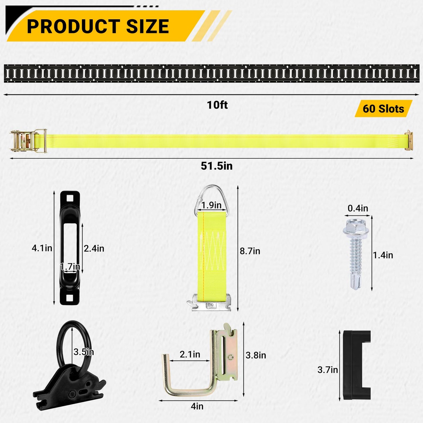 LEVELEVE E Track Rail Tie-Down Kit, 20PCS 10FT Heavy Duty Set, Includes 4 Steel Rails & 4 O Rings & 4 D-Ring Tie-Offs & 6 End Caps & 2 Ratchet Straps, Cargo Tie-Down System for Trucks, Vans & Trailers