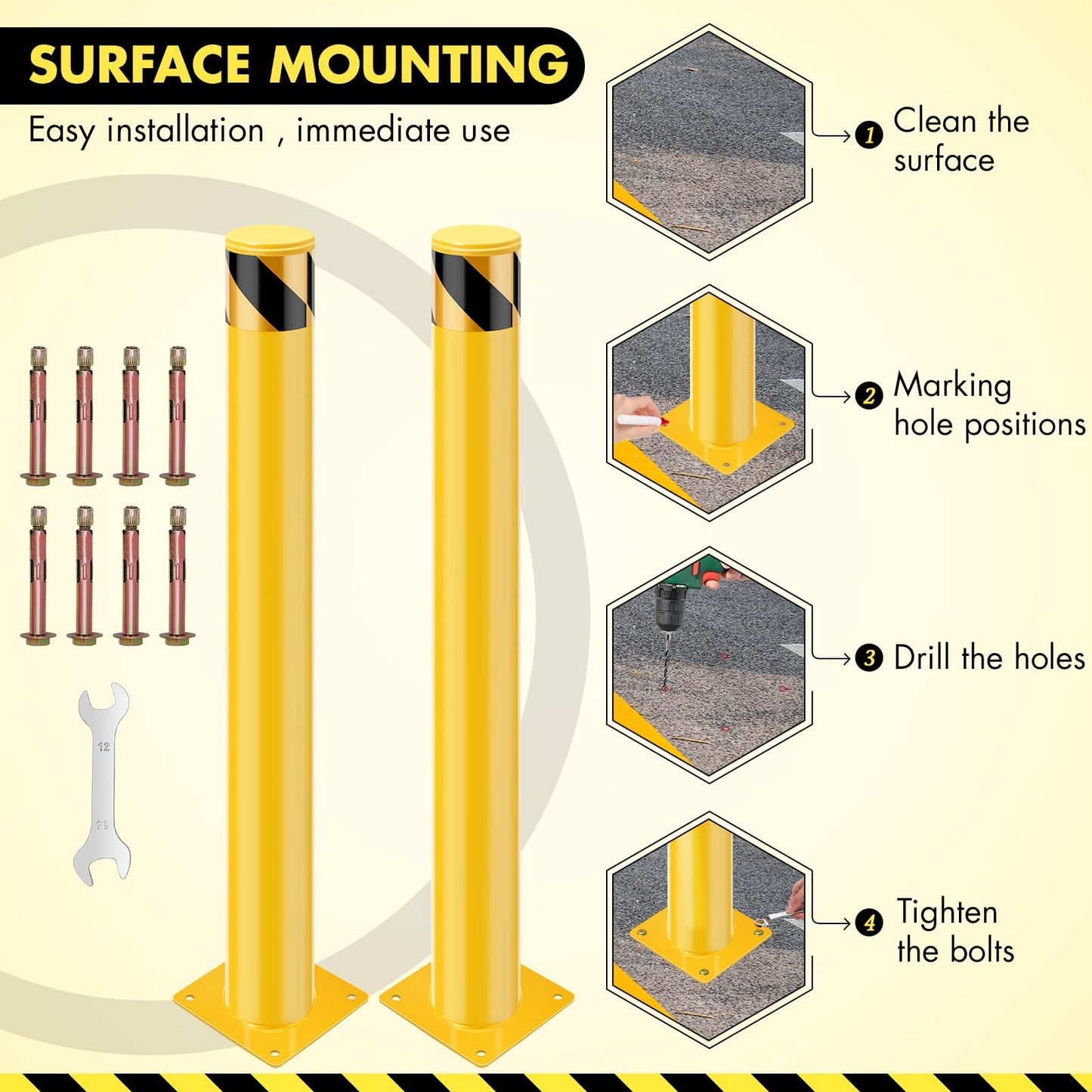 ExploreHorizon 4 Pack 48" Removable Safety Bollards, Surface Mount Steel Parking Barriers w/High-Vis Yellow PVC Stripes, Forklift Protection Posts for Indoor/Outdoor Traffic Control
