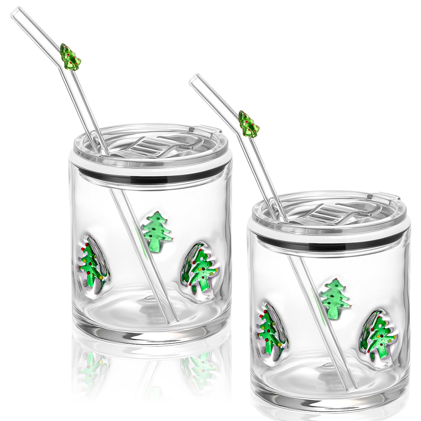 Patelai 2 Pcs Christmas Tree Icon Glasses Cups with Lids and Straws 15oz Reusable Drinking Iced Coffee Glass Cups Cute Xmas Tumbler Gifts for Christmas Adults Women Men Holiday Stocking Stuffer