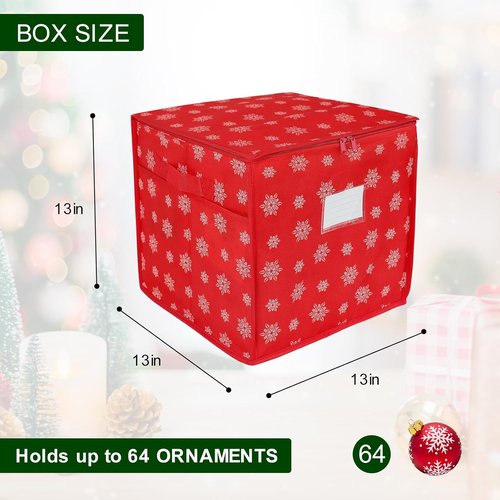Christmas Ornament Storage Box - Holds 64 Ornaments - Durable Non-Woven Containers with Adjustable Dividers