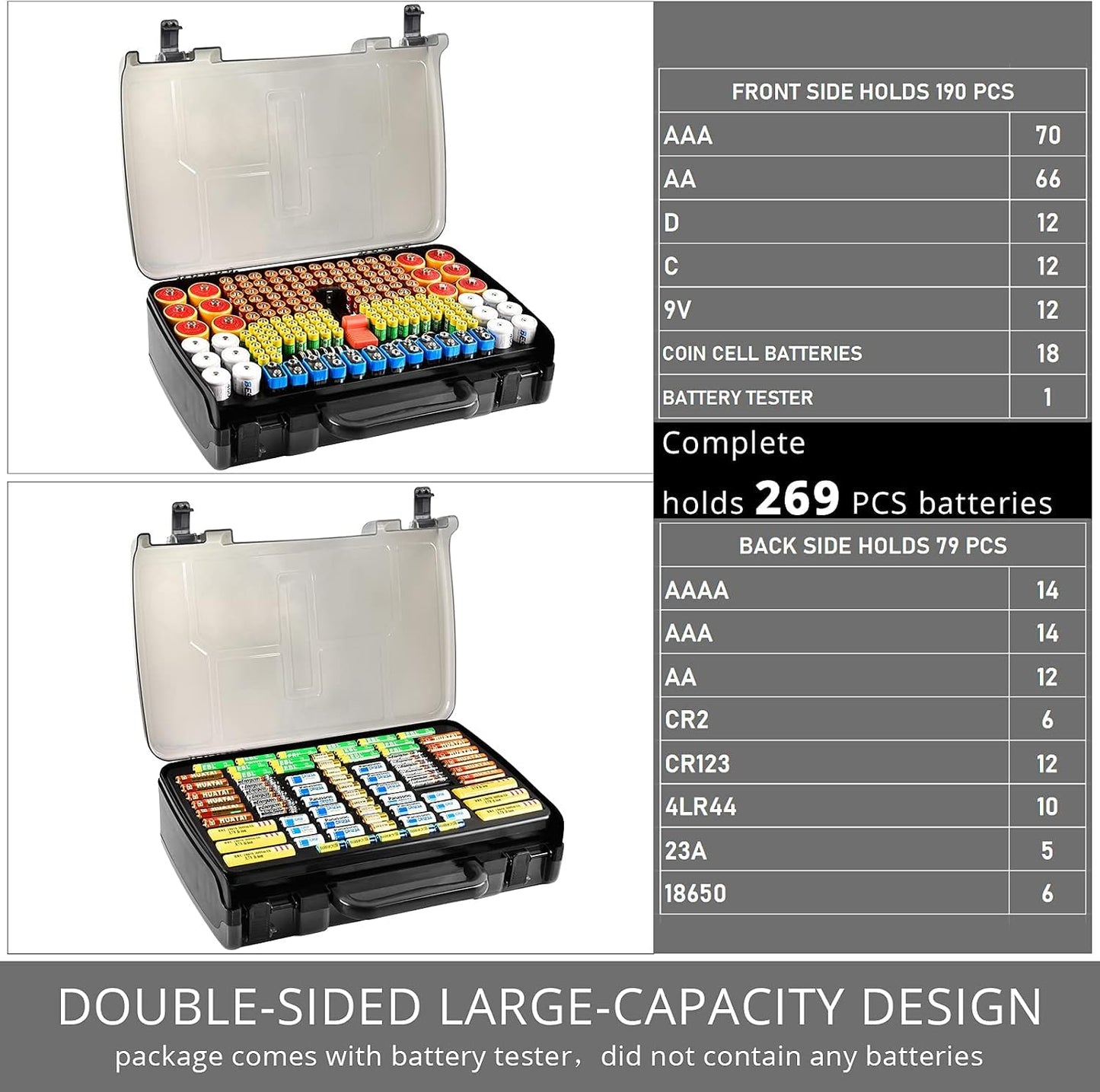 269 4A 9V 3V LR44 CR2 CR123 CR1632 18650 Battery Organizer Storage Case with Tester, Holds Batteries Double Sided Box