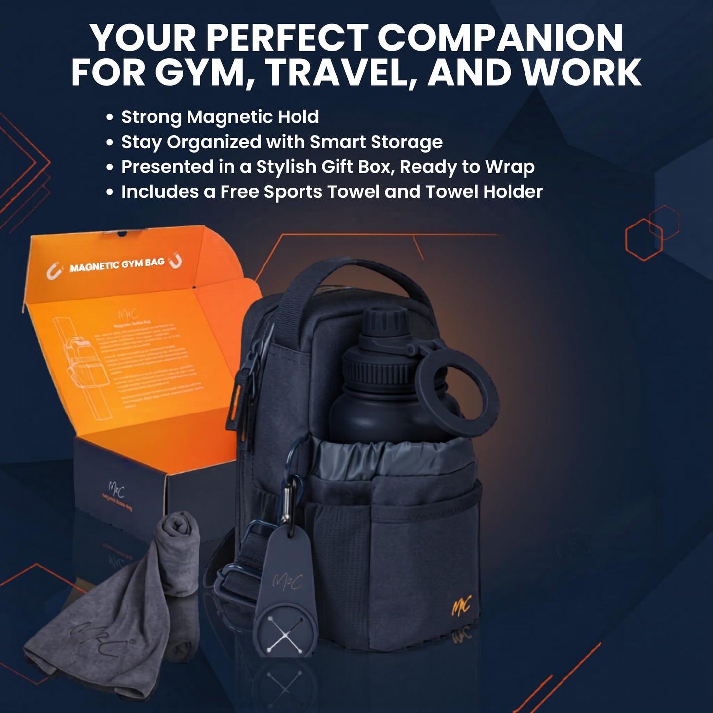 M2C® PREMIUM Magnetic Gym Bag – Holds Up to 12 lbs – Gym Pouch with Water Bottle, Cup & Wallet Pocket, Phone Storage, Key Clip, Adjustable Sling Strap – Ideal for Sports, Work & Travel
