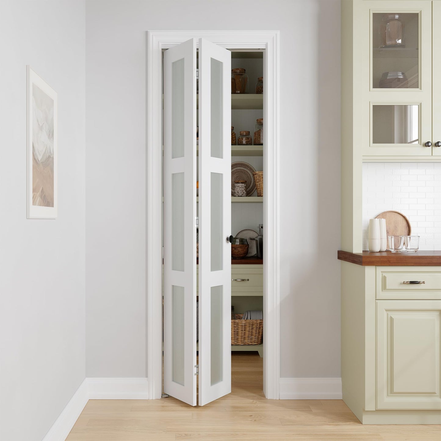 COSHOMER Bifold Doors for 24" x 80" Opening, 3-lite Tempered Frosted Glass Closet Folding Doors with Hardware kit Included, Easy Assembly, White