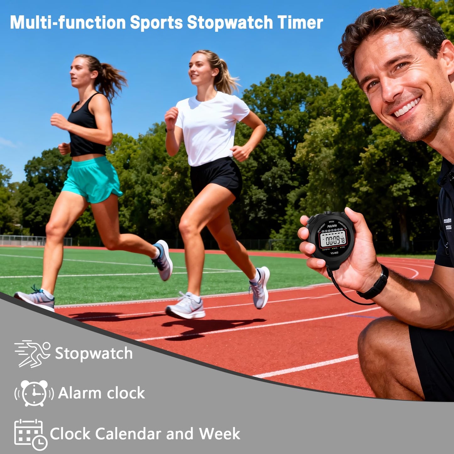 PULIVIA Sports Stopwatch Timer, Single Lap Split Digital Stop Watch for Sports Kids Coaches Swimming Running, Black