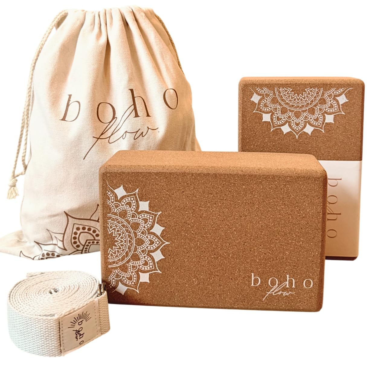 Boho Flow Cork Yoga Block Set – 2 Pack with Strap & Canvas Bag | Luxury Portuguese Yoga Blocks 9”x6”x3” | Heavy-Duty, Non-Slip Support | Eco-Friendly, Plastic-Free Materials