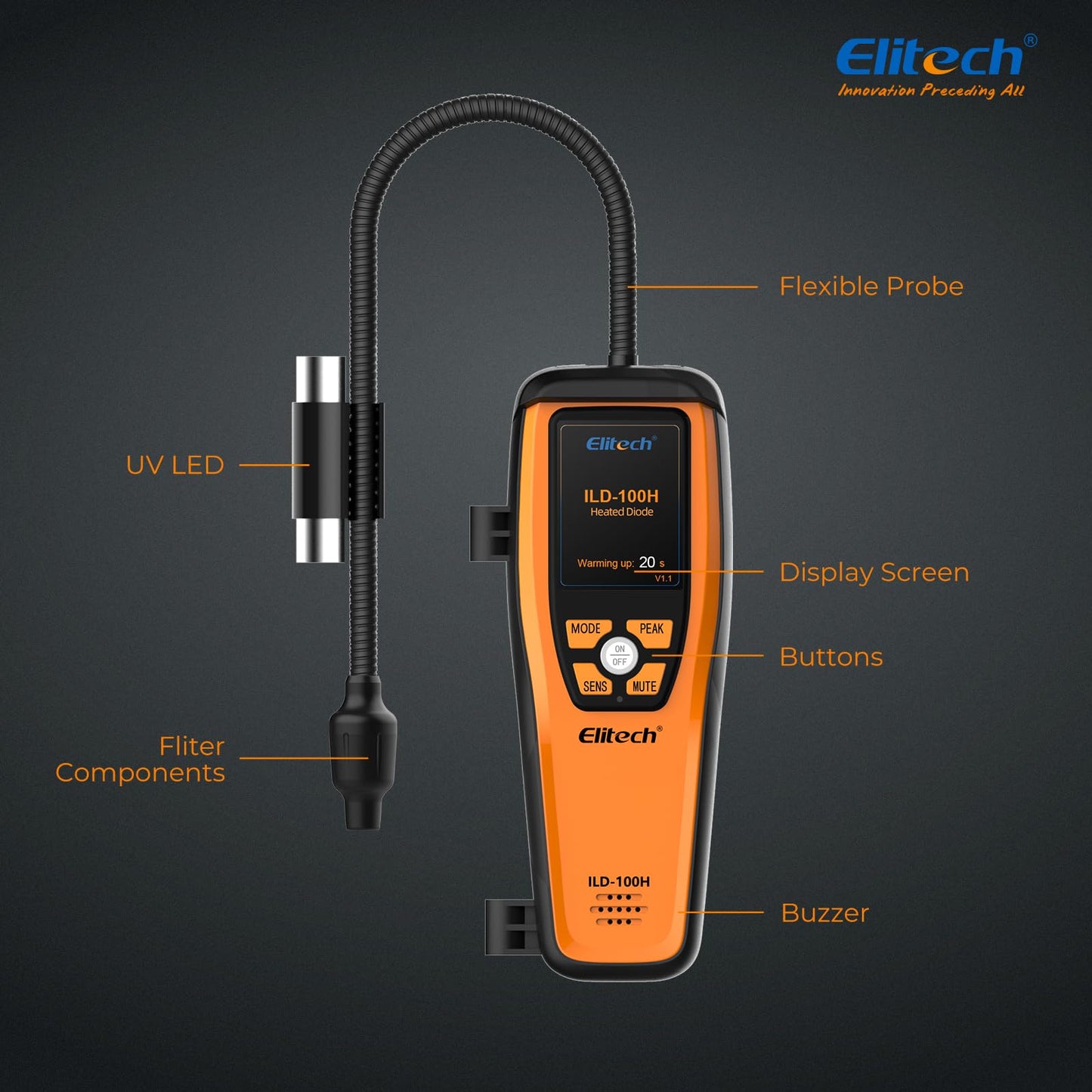 Elitech HVAC Refrigerant Leak Detector Heated Diode Sensor Halogen Freon Sniffer, Air Conditioning Detection, R22 R410A R134A R1234YF CFCs HCFCs HFCs, ILD-100H