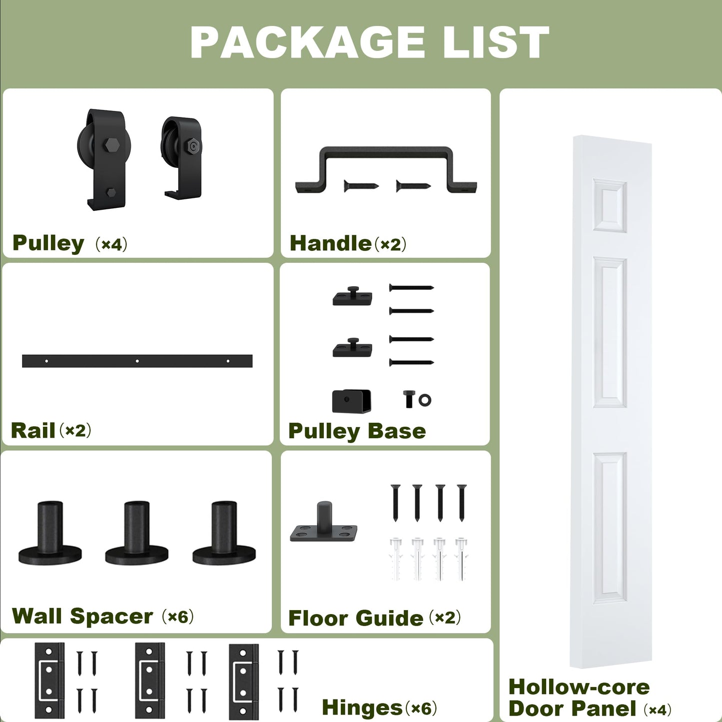 JUBEST 48"x 84" Bifold Barn Door, 6 Panel Bifold Sliding Barn Doors with 4.3FT Hardware Kit Included, Primed Doors Surface, Hollow-core & MDF Molded Panel, Four 12" x 84" Door Panels, DIY Available