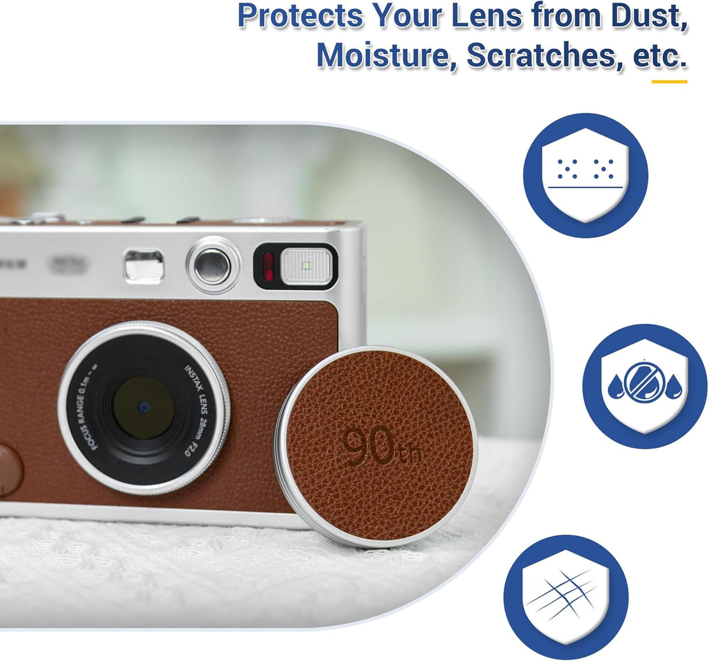 JJC Retro Leather Lens Cap for Fujifilm Instax Mini EVO, Brown Aluminum Anti-Dust Anti-Scratches Lightweight Camera