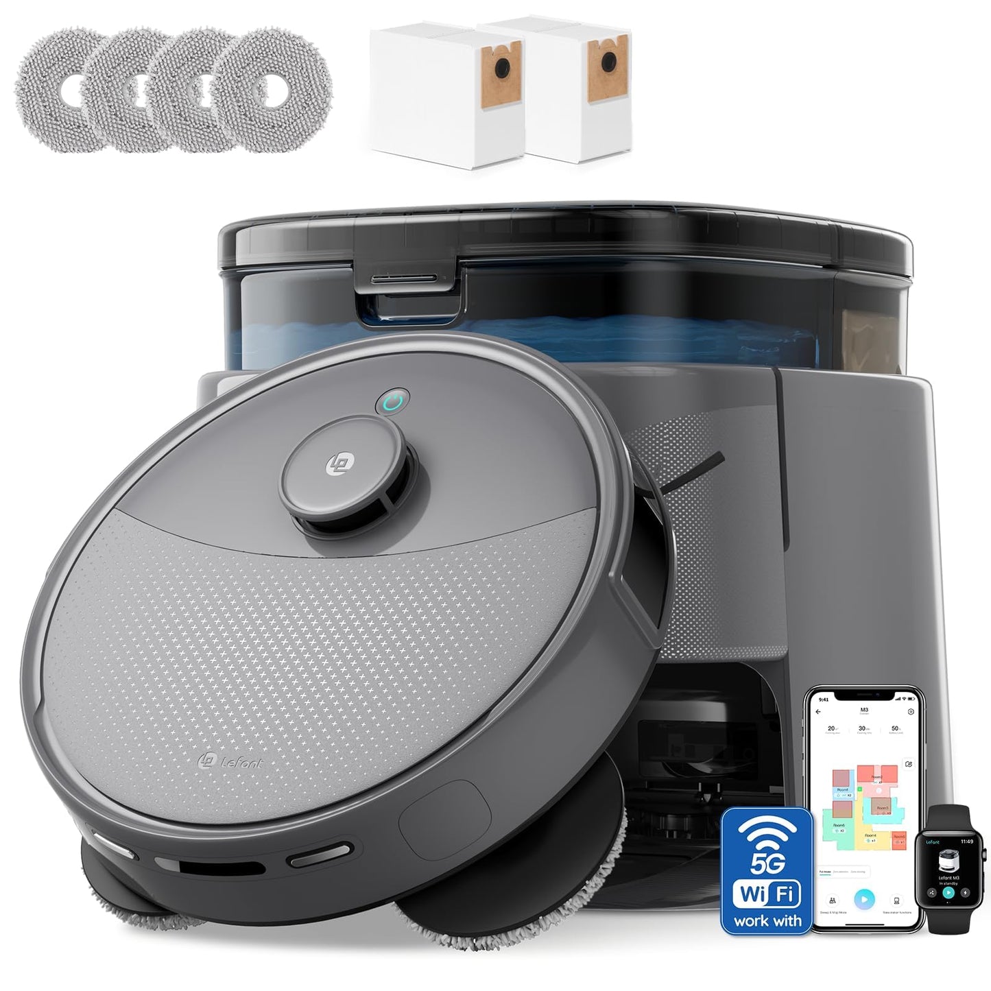 Lefant Robot Vacuum and Mop, 20000Pa Suction,90-Day Self-Emptying, Obstacle Avoidance,5200mAh Battery，Auto Mop Washing&Drying, All-in-One for Pet Hair Carpet, 5G WiFi Alexa/APP/iWatch Control, M3 Max