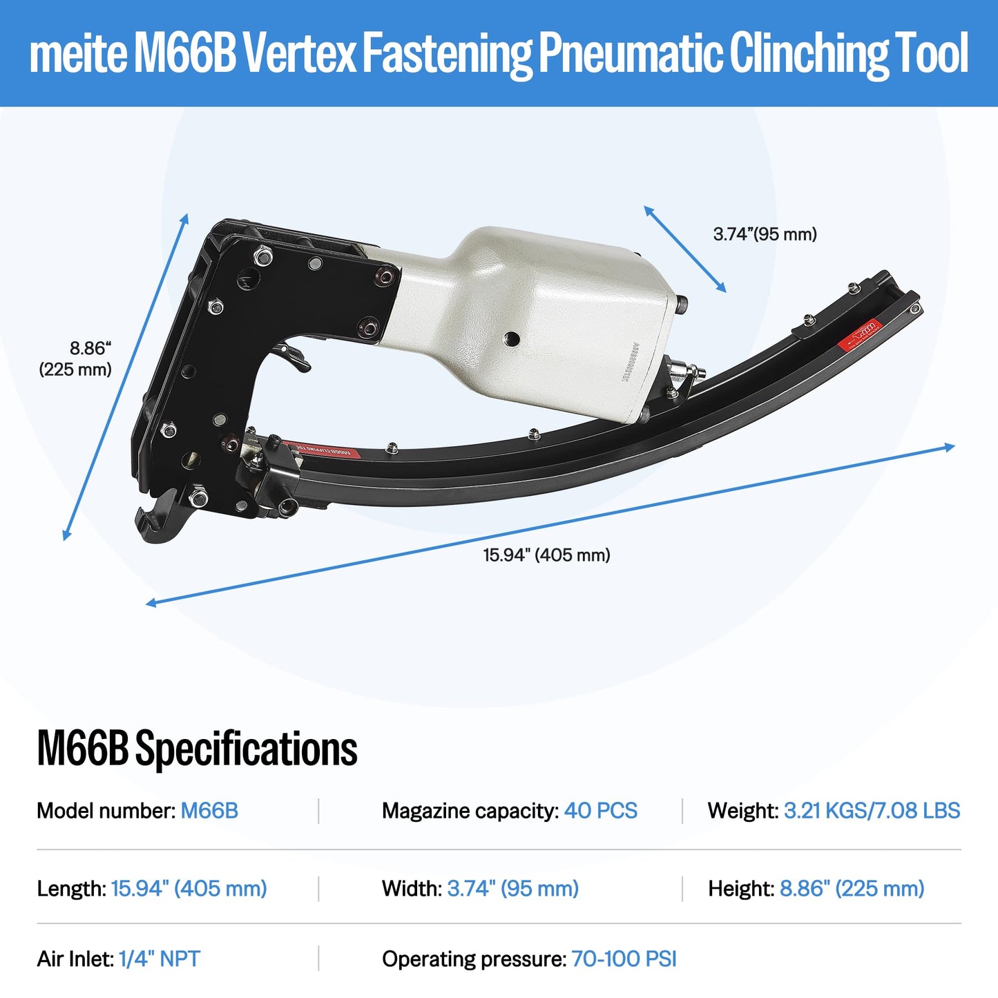 meite M66B Pneumatic Clinching Clipper 3/4 Inch Crown Clinch Clip Gun for Spring Mattress, Car Seats, Wire Cages