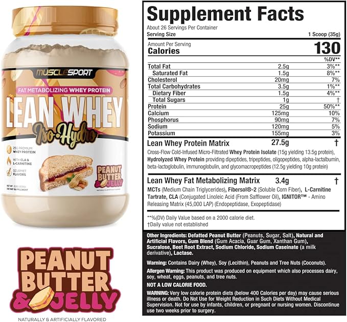 Musclesport Lean Whey Revolution?? Whey Protein Isolate with Hydrolyzed Whey - Low Calorie, Low Carb, Low Fat, Incredible Flavors - 25g Protein per Scoop (2LB, Peanut Butter & Jelly)