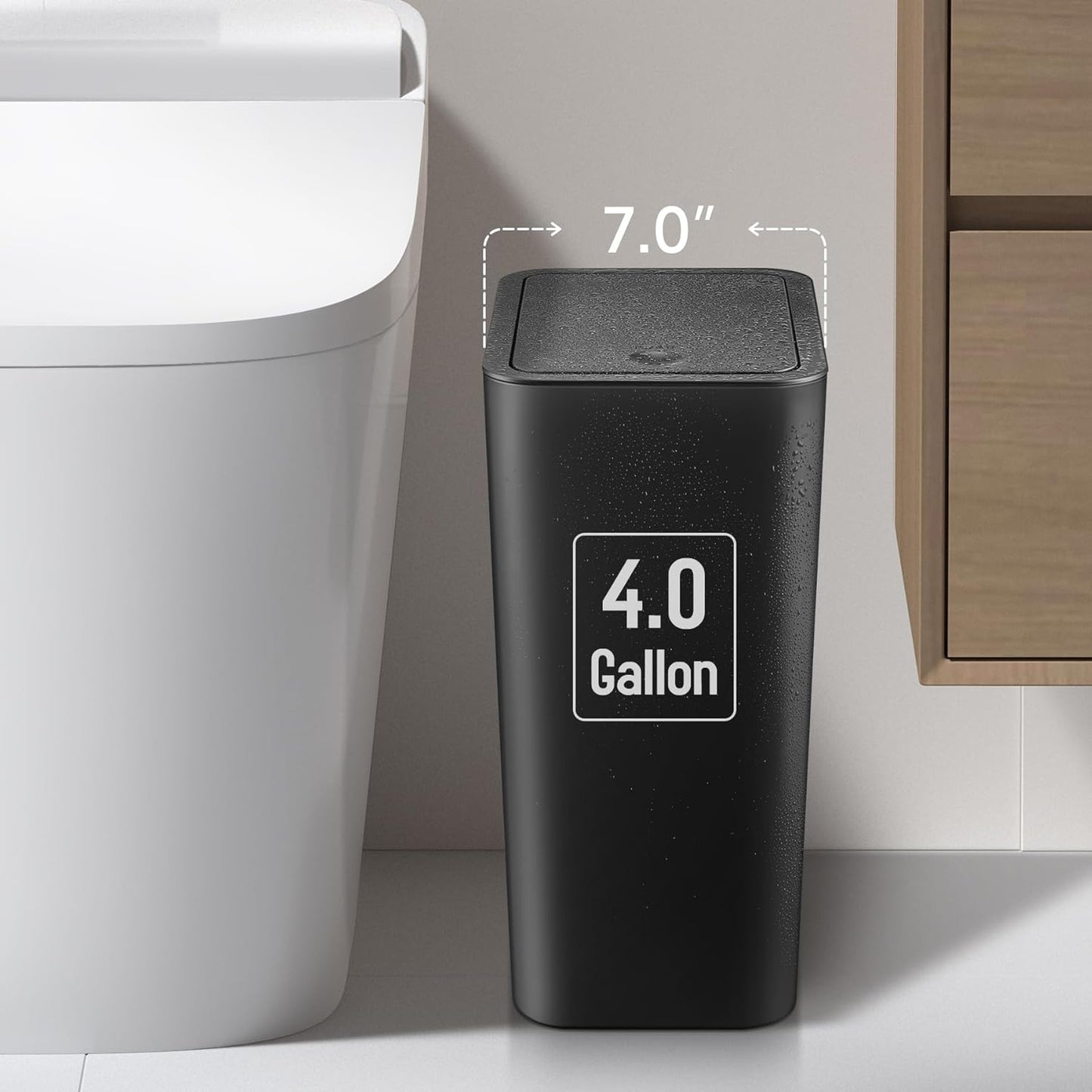 TIPGO Bathroom Trash Can - 4 Gallon Press Top Wastebasket with Pop-Up Lid | Black Plastic Design for Home & Office