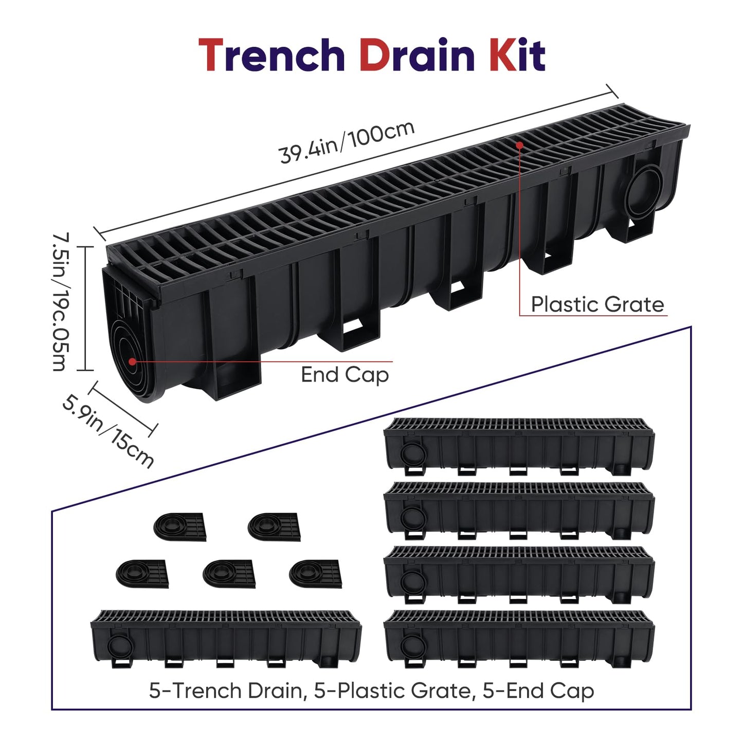 FAHKNS Trench Drain System,5.9"*7.5"*39",5 Pack Channel Drain Hdpe Plastic Trench,B125 for Basement, Garage Floor Courtyard, Terrace, Garden Path, Garage Entrance Swimming Pool