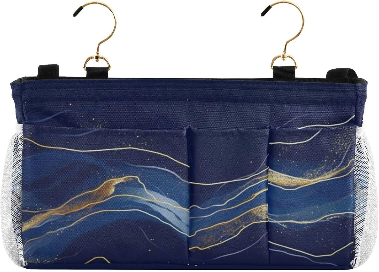 Amooorous Bedside Storage Caddy For Dorm Table Cabinet Storage Organizer for Bed Rails Deep Blue-gold Marble Texture