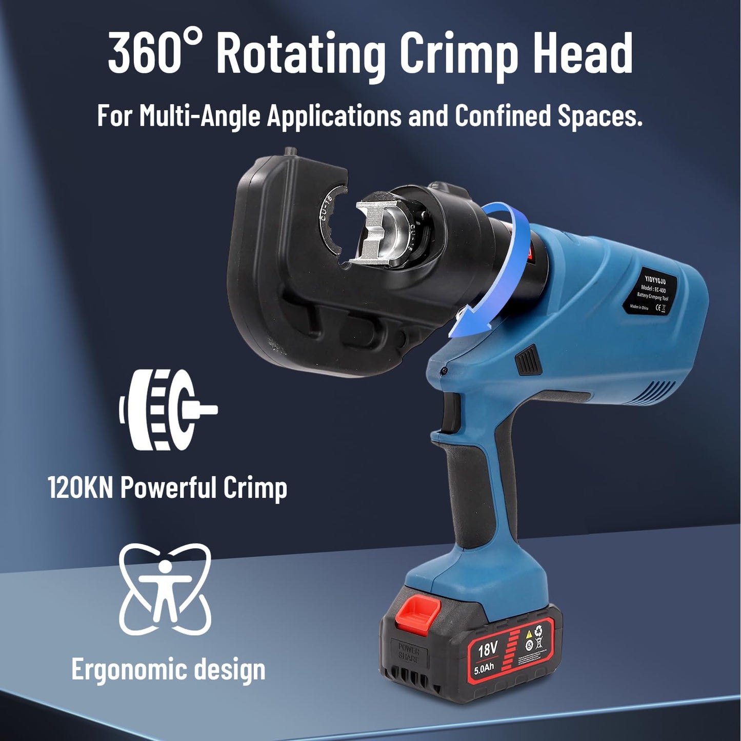 Hydraulic Crimping Tool 12TON Battery Powered 120KN 21V Lithium-Ion 360° Rotating Head for Confined Spaces 3-6 Sec Fast Crimping 6AWG-800MCM with 12 Dies