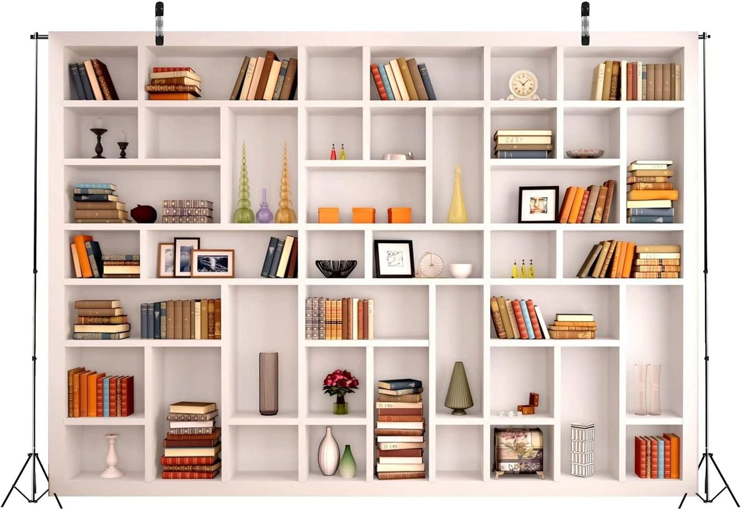 BELECO 7x5ft Fabric White Bookshelf Backdrop Library Modern Office Bookcase Backdrop Home Office Zoom Meeting Video
