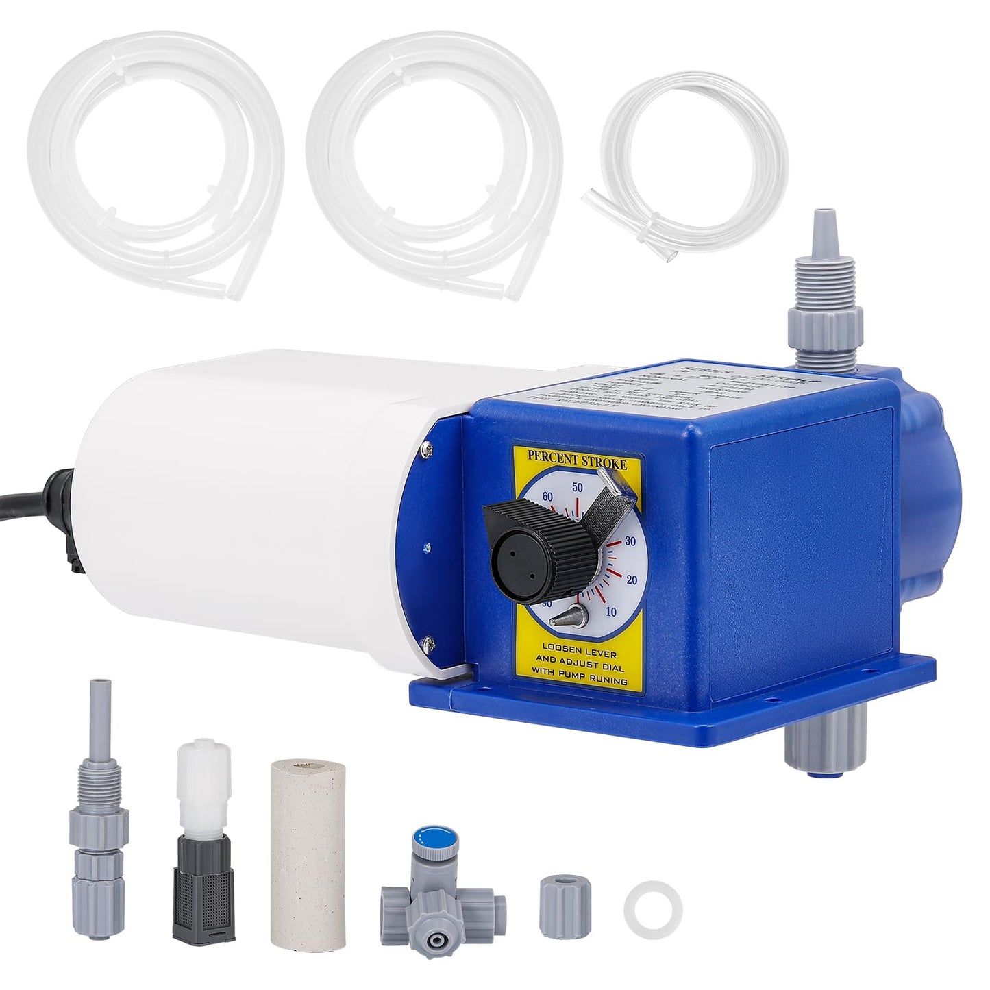 Crispaire Diaphragm Metering Pump for Chemical Laboratory Dosing 30 GPD (4.72 LPH) 100 PSI Adjustable Flow PVC Liquid End with Ceramic Ball Valves Includes Suction & Discharge Tubing 3/8" Ports