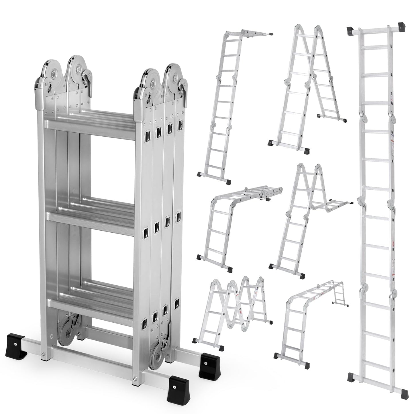 Multi-Purpose Aluminium Folding Ladder, 7-in-1 Heavy-Duty Extension & Step Ladder, Tall Adjustable Collapsible Ladder for Home, Roof, RV & Painting Work