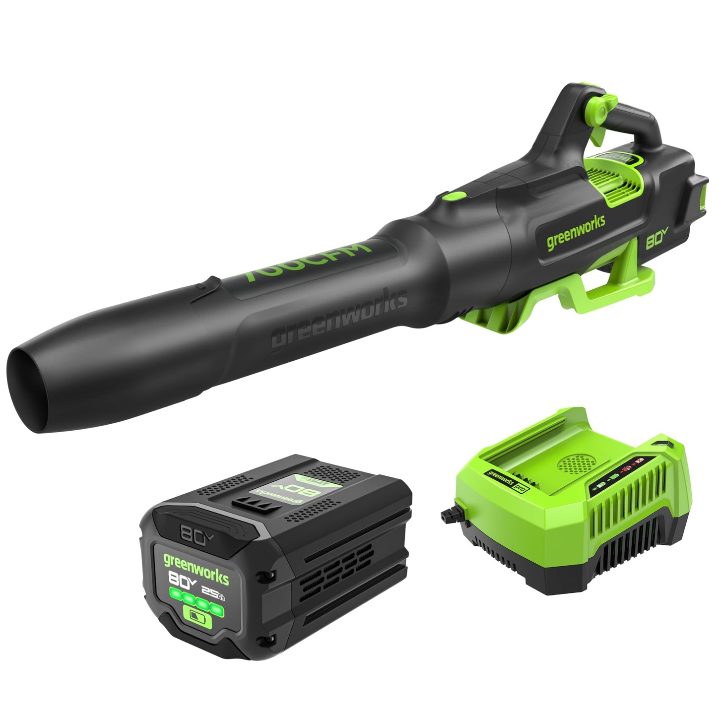 Greenworks 80V (700 CFM / 170 MPH) Brushless Cordless Leaf Blower (Turbo Button, Cruise Control, 26 CC Gas Equivalent), 2.5Ah Battery (200 Wh Max) + Rapid Charger