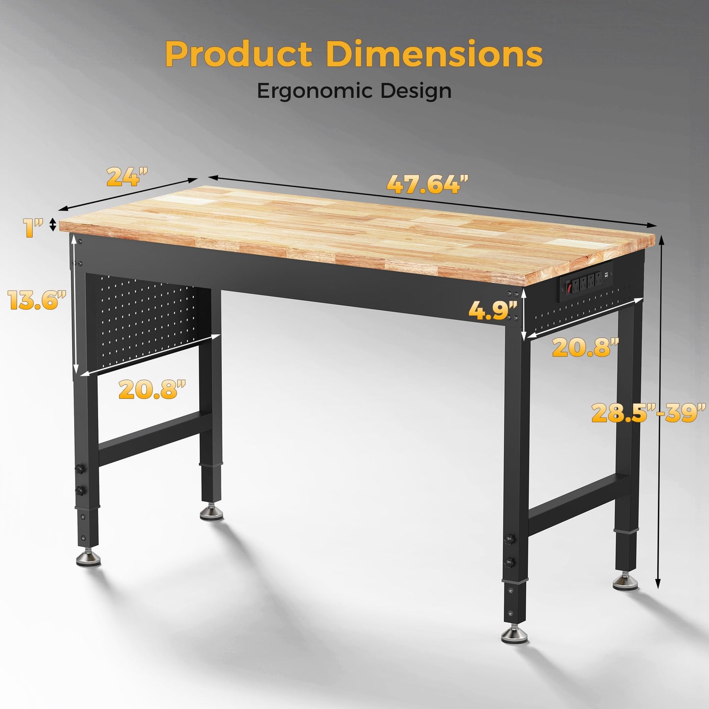 CAMMOO 47.64" Adjustable Heavy Duty Workbench, 2000 LBS Load Capacity Rubber Wood Work Table with Pegboard, Power Outlets, Work Bench for Garage, Workshop, Office, Home, Commercial