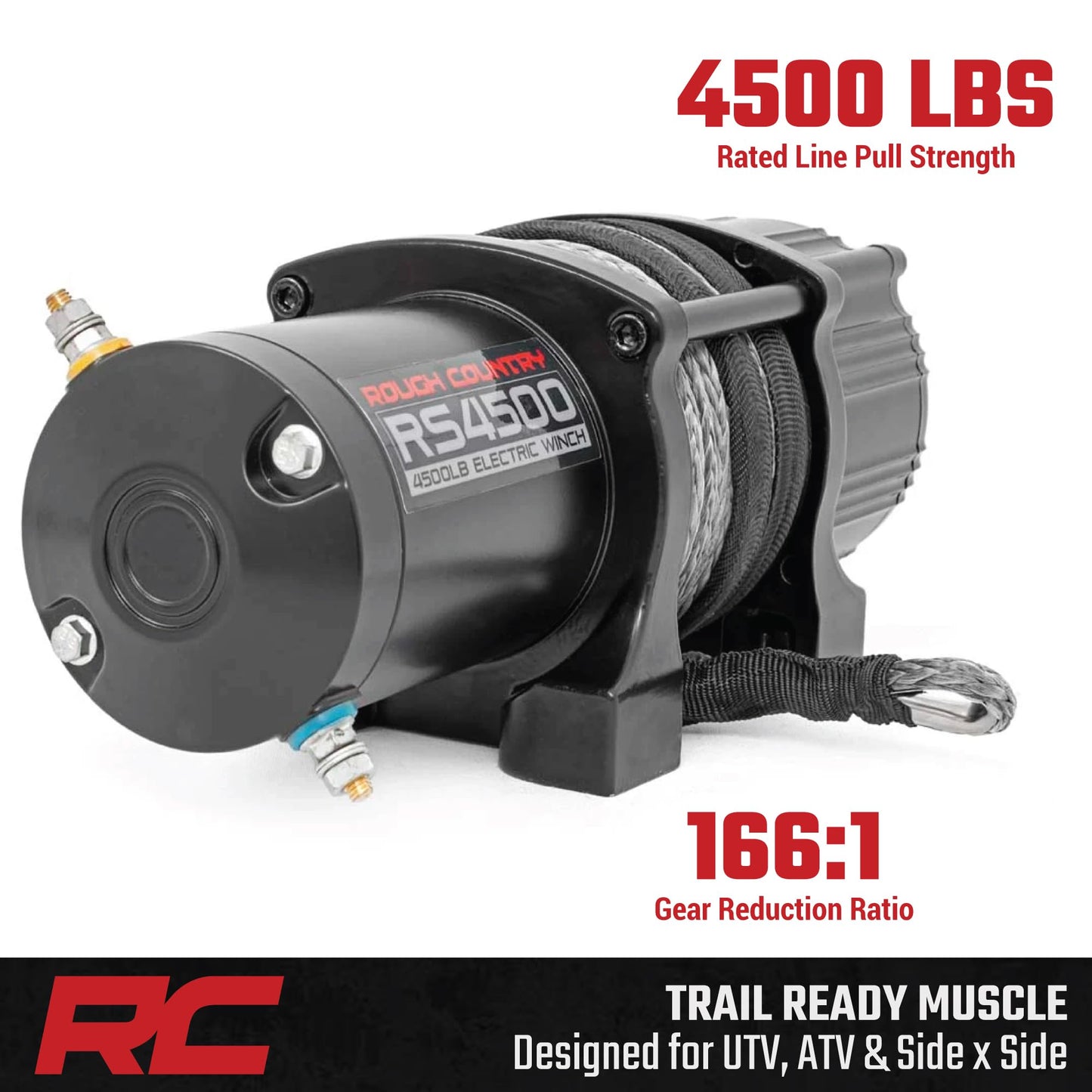 Rough Country 4,500 LB UTV/ATV Winch - ProSeries 1.4HP Electric Winch with 50 Ft Synthetic Rope, Remote, Waterproof 12V Off-Road Recovery System