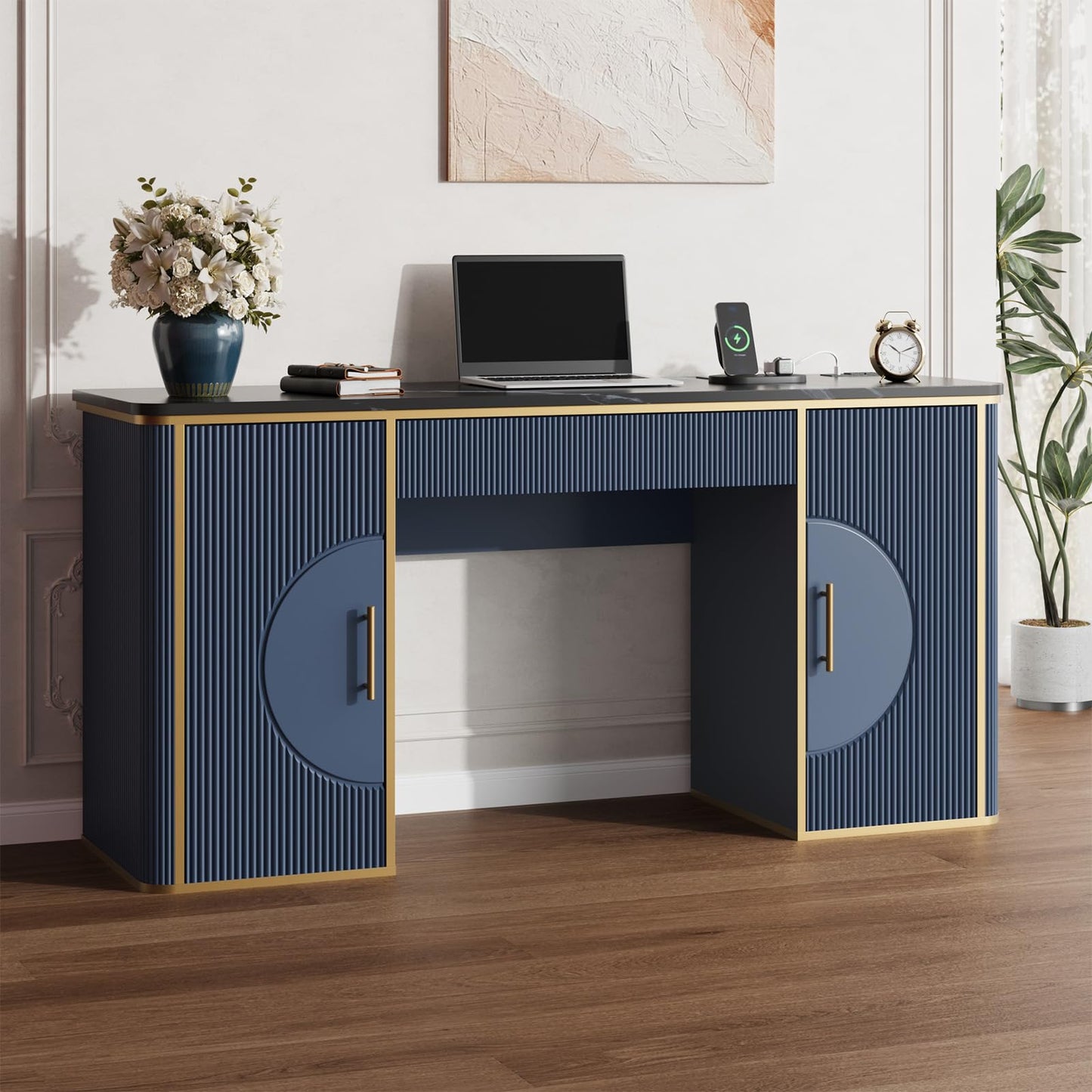 RNLRNL 60" Fluted Computer Desk, Wooden Long Home Office Writing Desk with Drawer & Storage Cabinet, Modern Writing Table with Charging Station, High Executive Desk for Office，Bedroom, Navy Blue