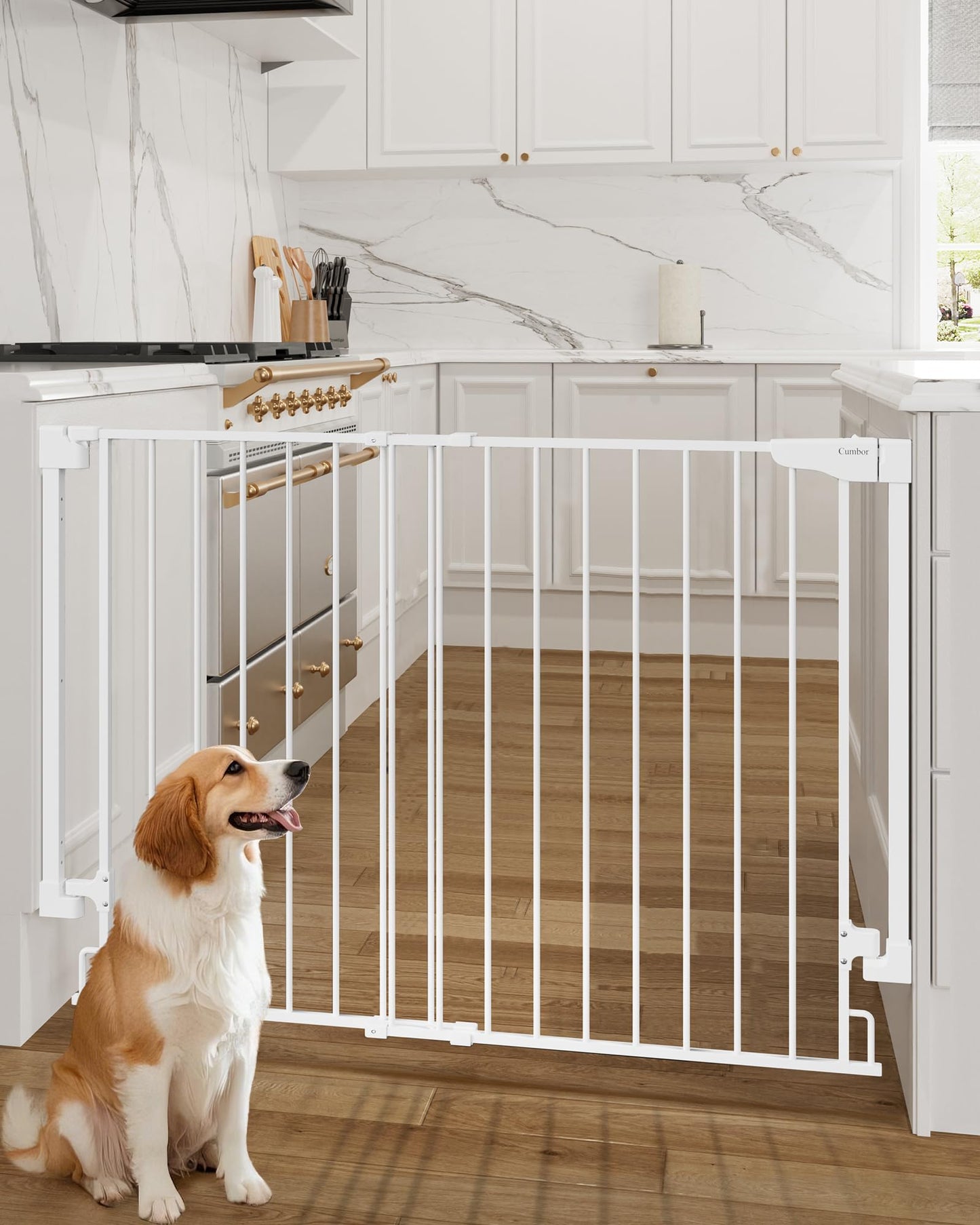 Cumbor 34" Extra Tall Baby Gate for Stairs, Hardware Mounted (Drill Required), Expandable 31.6-48" No Bottom Bar Dog Gate Indoor for Larger Pets, Large Walk Thru Door for Easy Access (White)