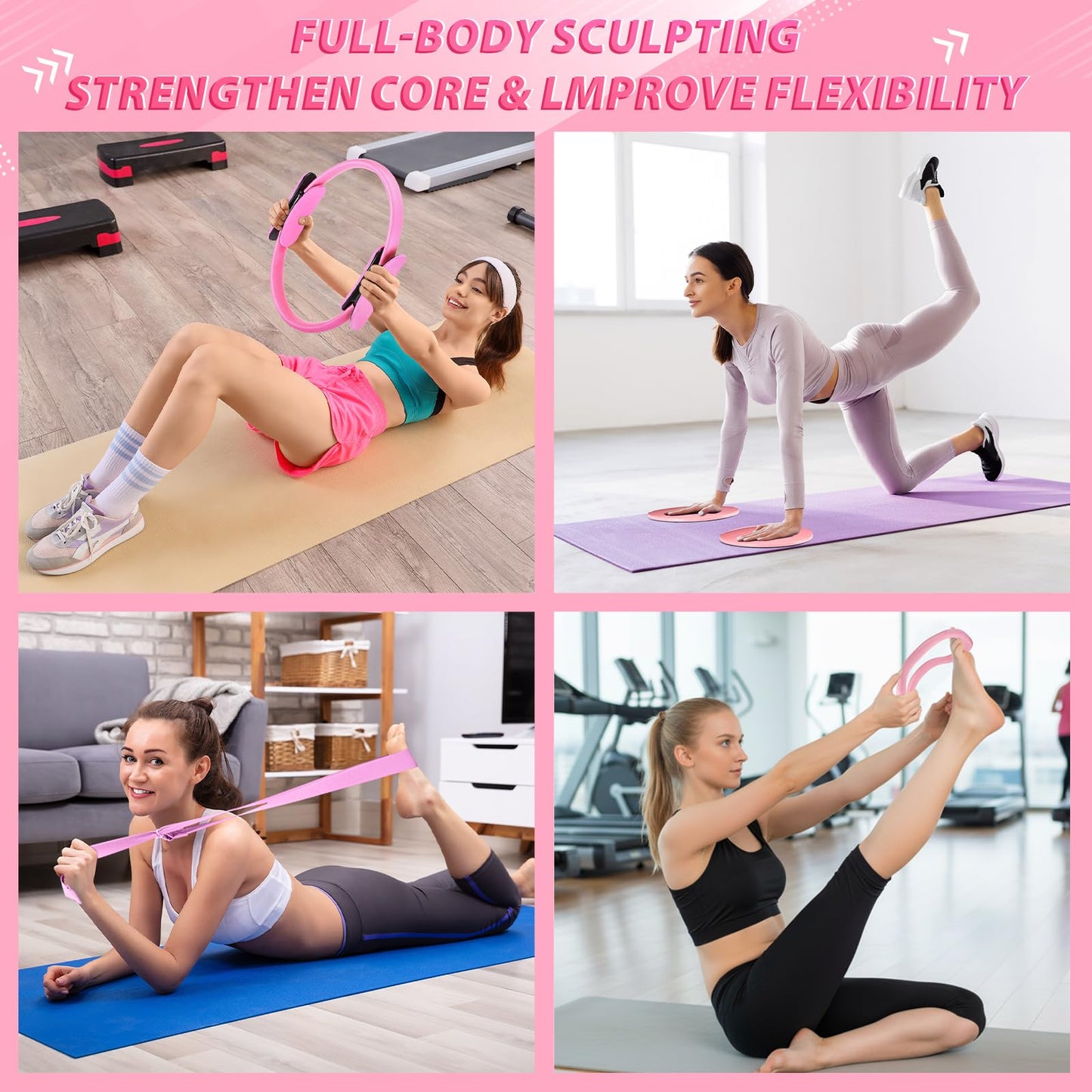 Halloscume 24 Pcs Pilates Kit, Home Pilate Equipment for Women, Pilates Ring and Ball Set with Stretching Strap, Water Bottle, Magic Circle, Yoga Ring, Gym Bag, Resistance Band, Anti Slip Sock(Pink)