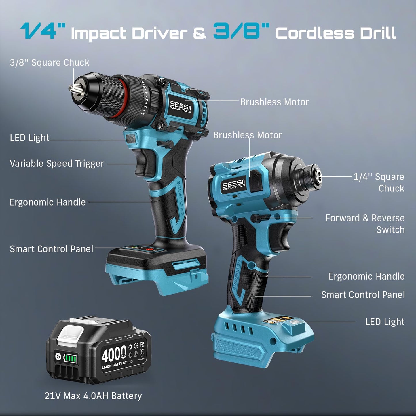 SEESII 21V Max Cordless Drill and Impact Driver, Power Tool Combo Kit Included 3/8'' Drill & 1/4'' Impact Driver, 2x 4000mAh Battery, Fast Charger, 20 pcs Driver Bit Set & Bag